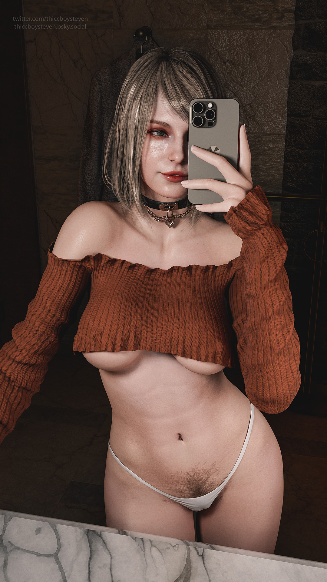 1girls, 3d, ashley graham, ashley graham (ella freya), blonde hair, choker, female, female focus, female only, hairy pussy, navel, navel piercing, panties, phone, piercing, pinup, pinup pose, pubic hair, pubic hair peek, pussy, resident evil, resident evil 4, resident evil 4 remake, selfie, skimpy, skimpy clothes, tagme, thiccboysteven