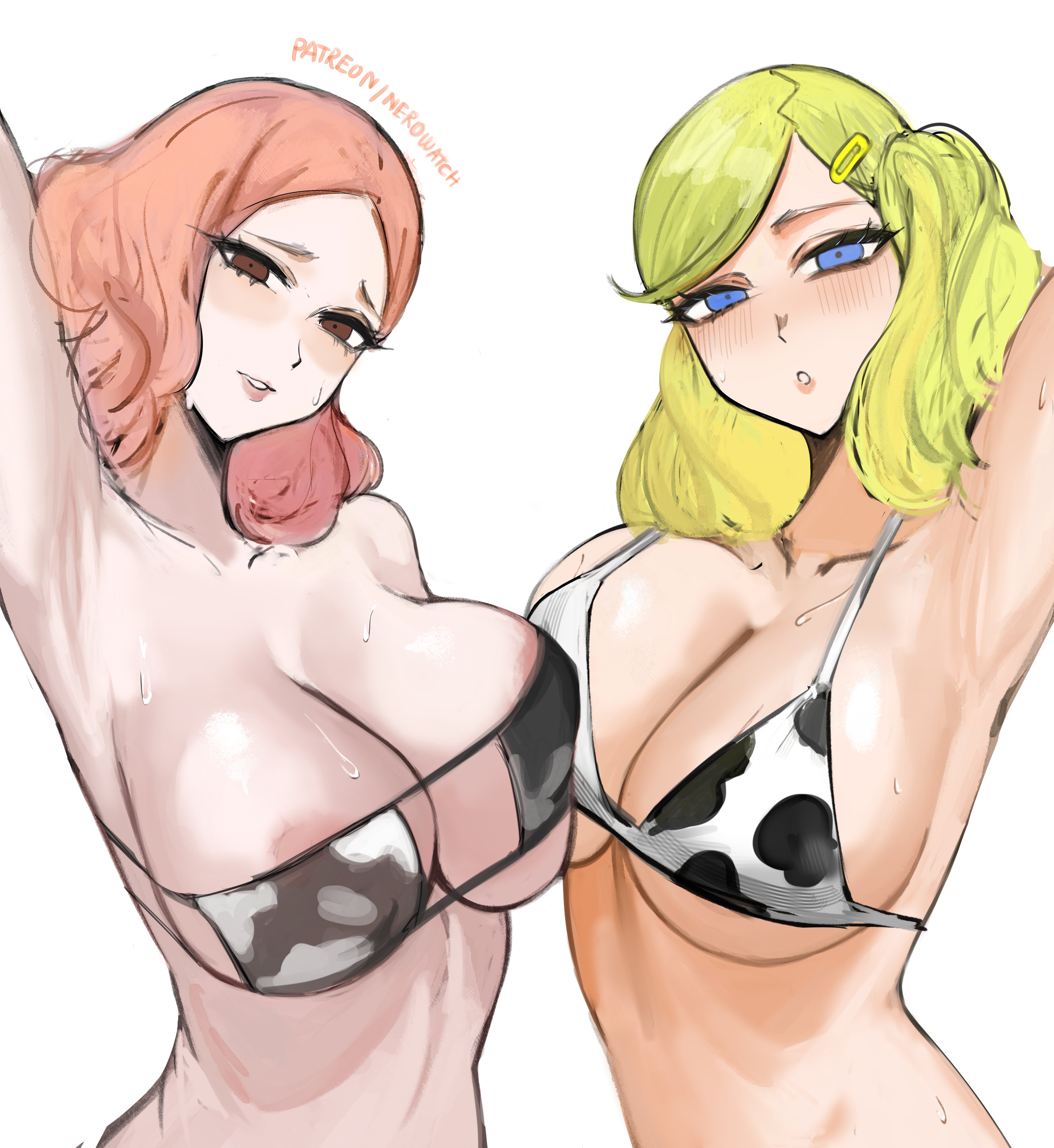 2girls, animal print, ann takamaki, armpits, arms behind head, atlus, big breasts, bikini, blonde hair, blue eyes, blush, breast press, breasts, brown eyes, cleavage, cow print, cow print bikini, cowprint, female, female only, haru okumura, hi res, highres, huge breasts, large breasts, looking at viewer, megami tensei, multiple girls, nero watch, persona, persona 5, pink hair, pressing breasts, short hair, twintails