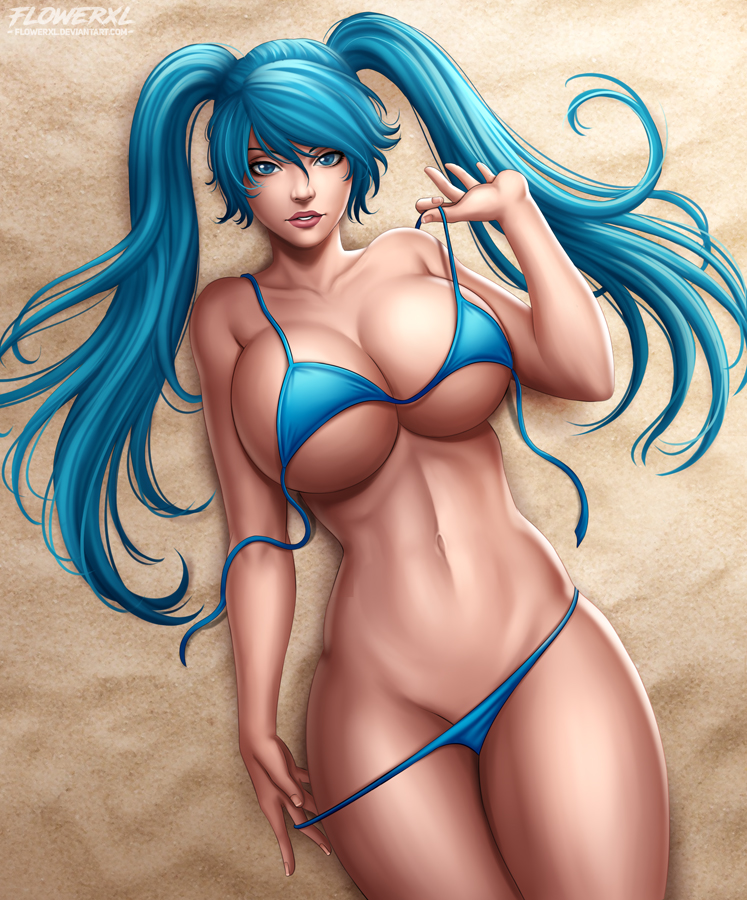 bikini, breasts, cleavage, female, female only, flowerxl, huge breasts, league of legends, looking at viewer, pinup, solo, sona buvelle