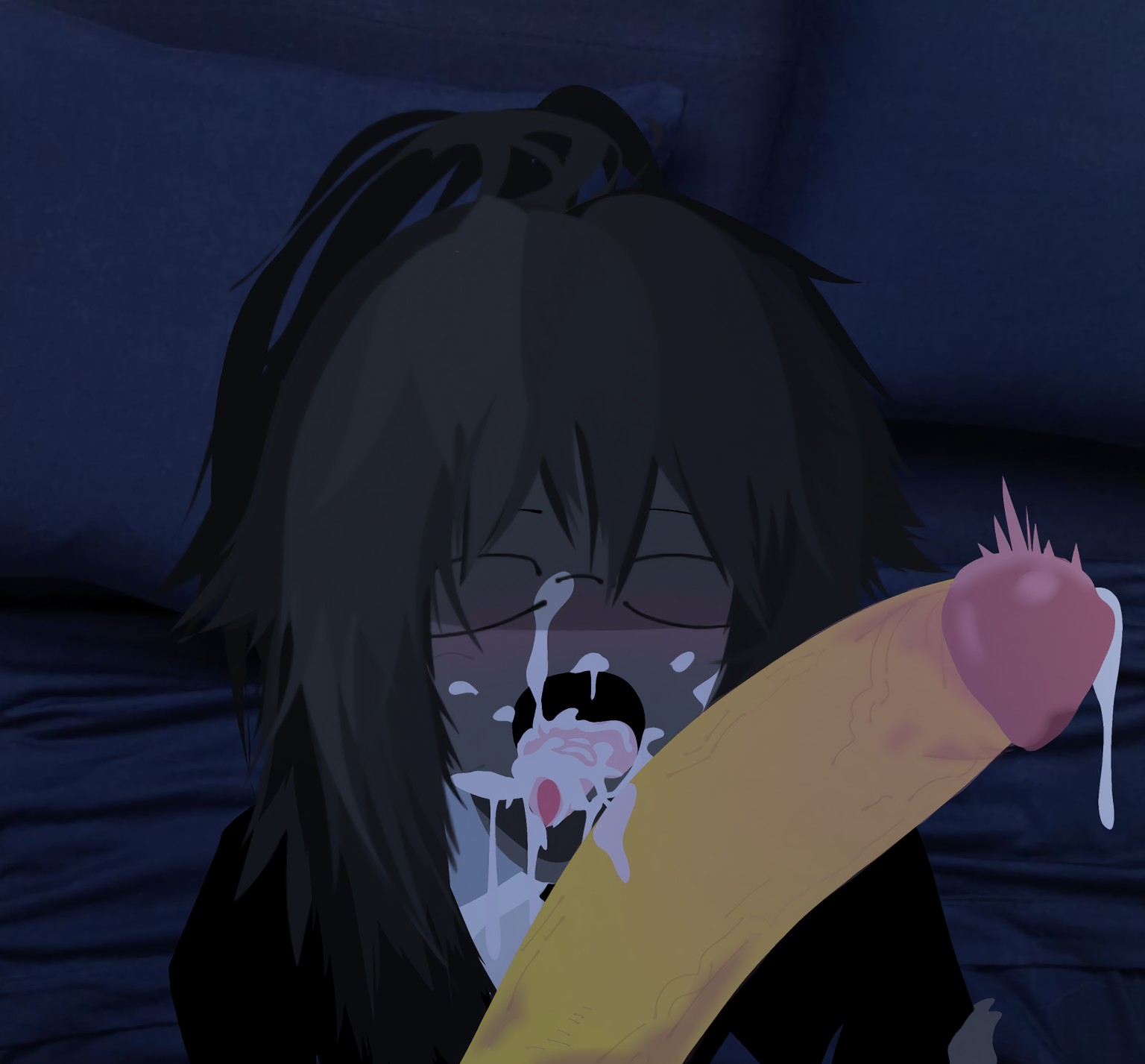 artist request, big penis, black hair, blowjob, blush, cum, cum in mouth, cum on face, dick, grey skin, male, penis, roblox, robloxian, tagme, yellow skin