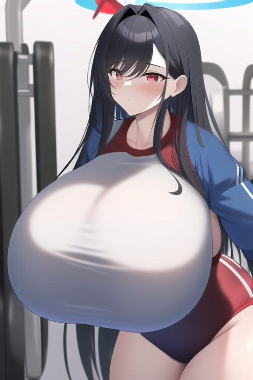 ai generated, ass, black hair, black-haired female, breasts, female, female focus, female only, huge ass, huge breasts, long hair, long-haired female, massive breasts, nai diffusion, red eyes, red-eyed female, school uniform, solo, solo female, solo focus, stable diffusion