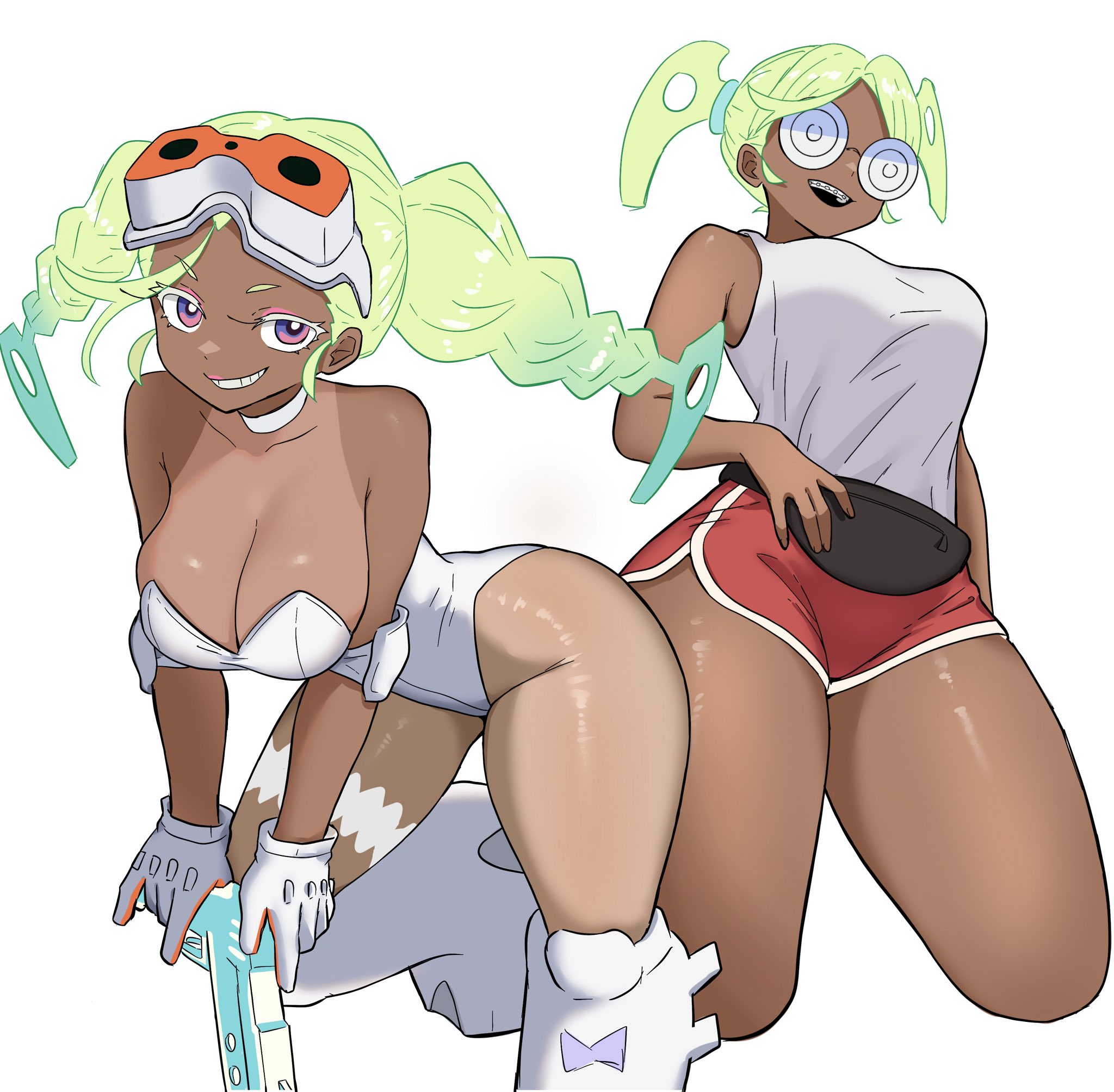 1girls, bare arms, bare legs, bare shoulders, bare thighs, big breasts, breasts, clothed, clothing, color, dark skin, dark-skinned female, female, female focus, female only, green hair, gunsmith bitch (psg), hi res, ishinabe art, large breasts, long hair, looking at viewer, panty & stocking with garterbelt, purple eyes, solo, solo female, tagme, thick thighs