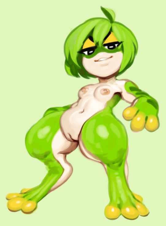 2017 3_fingers 4_toes amphibian anthro breasts digital_media_(artwork) female frog green_background green_hair green_skin hair half-closed_eyes keropin lips looking_at_viewer modeseven multicolored_skin nipples nude pale_skin pussy short_hair shortstack simple_background smile smirk smug solo standing teeth toes two_tone_skin