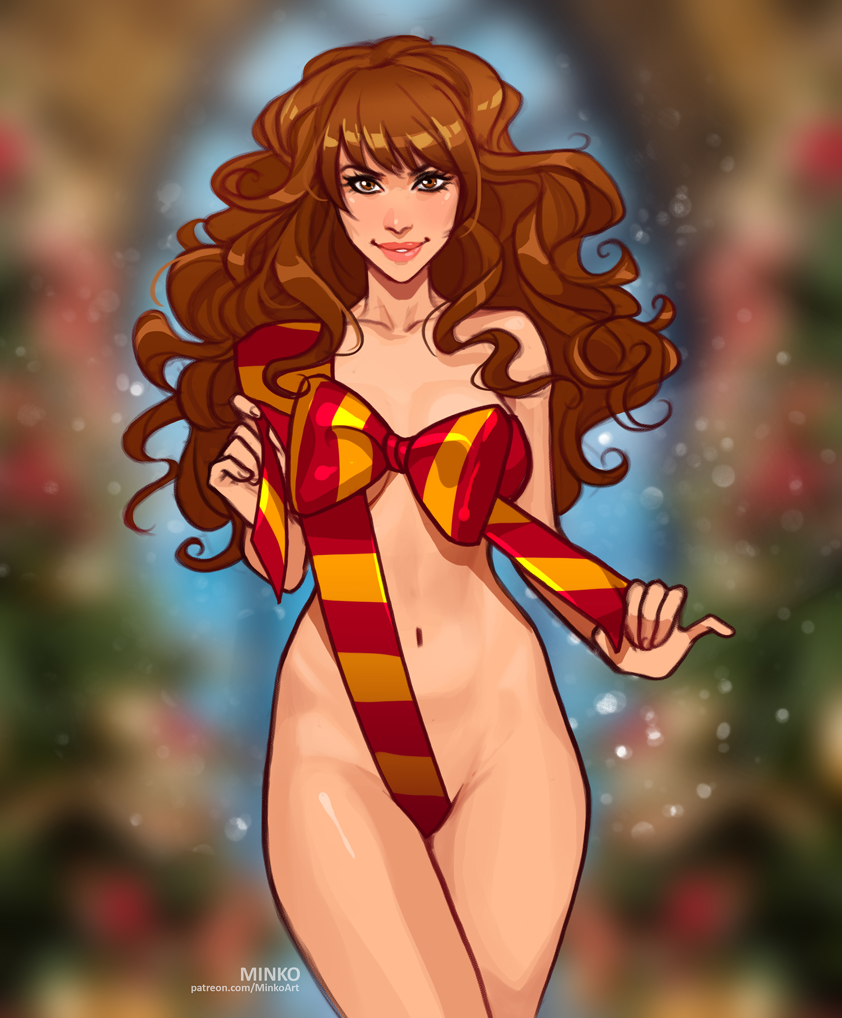 1girls, athletic, athletic female, big breasts, bow, breasts, busty, christmas, cleavage, curvaceous, curvy, curvy figure, digital drawing (artwork), digital media (artwork), eyebrows, eyelashes, eyes, female, female focus, female only, fit, fit female, front view, gryffindor, hair, harry potter, hermione granger, hips, hourglass figure, legs, light skin, light-skinned female, lips, minko, naked ribbon, naked scarf, olena minko, ribbon, scarf, scarf only, skimpy, slim, slim waist, solo, solo female, standing, thick, thick legs, thick thighs, thighs, upper body, voluptuous, waist, wide hips, witch (harry potter)