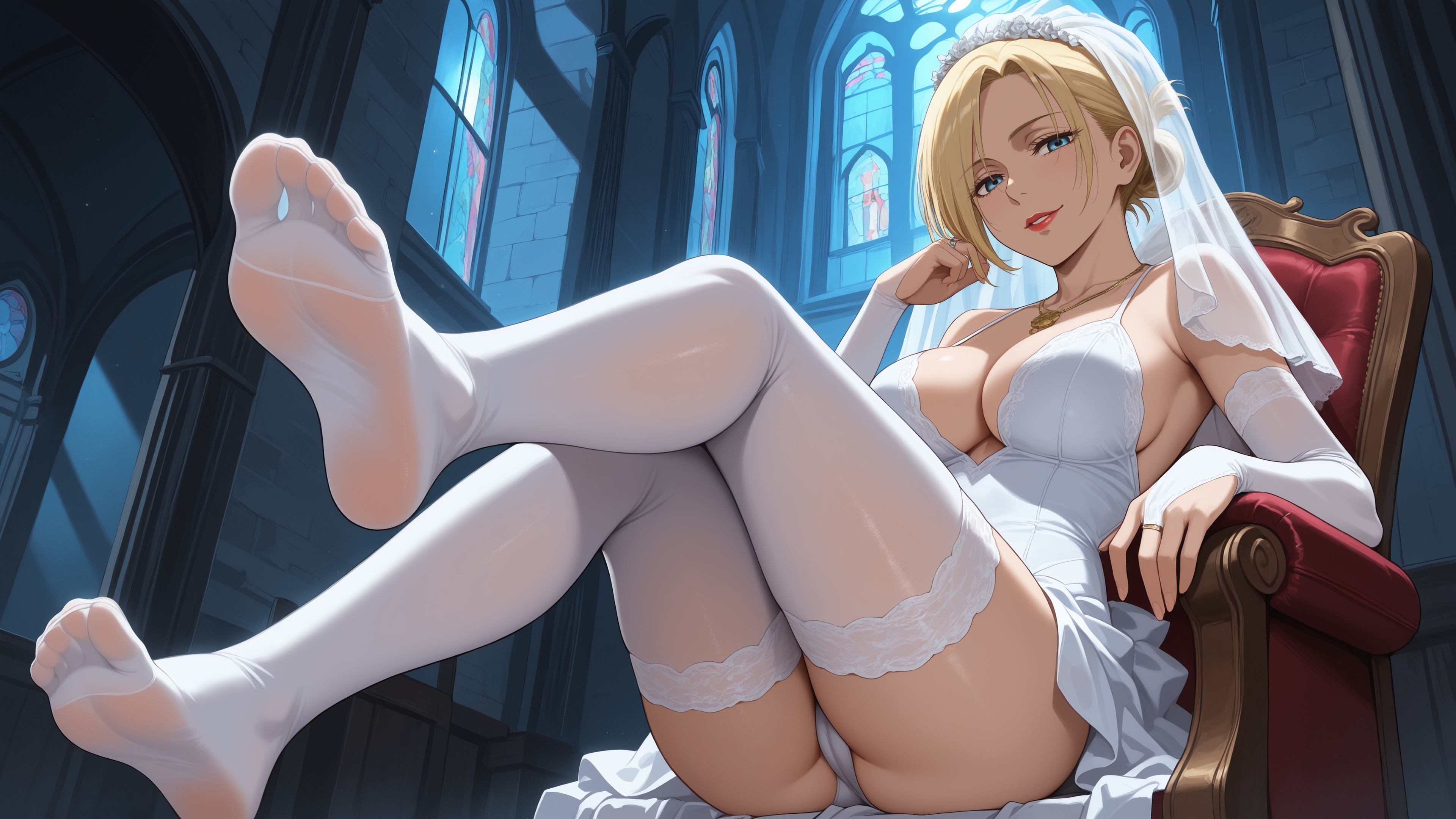 ai, ai generated, annie leonhardt, attack on titan, bangs, bare shoulders, blonde hair, blue eyes, blush, breasts, bride, chair, church, cleavage, collarbone, covered nipples, crossed legs, dress, erosaga, feet, female, foot focus, foreshortening, garter straps, indoors, jewelry, lace, lace trim, lace-trimmed legwear, large breasts, legs, looking at viewer, makeup, necklace, no shoes, panties, parted bangs, parted lips, pearl necklace, shingeki no kyojin, short hair, sitting, smile, soles, strapless, thighhighs, thighs, toes, underwear, veil, wedding dress, white dress, white legwear, white panties, window