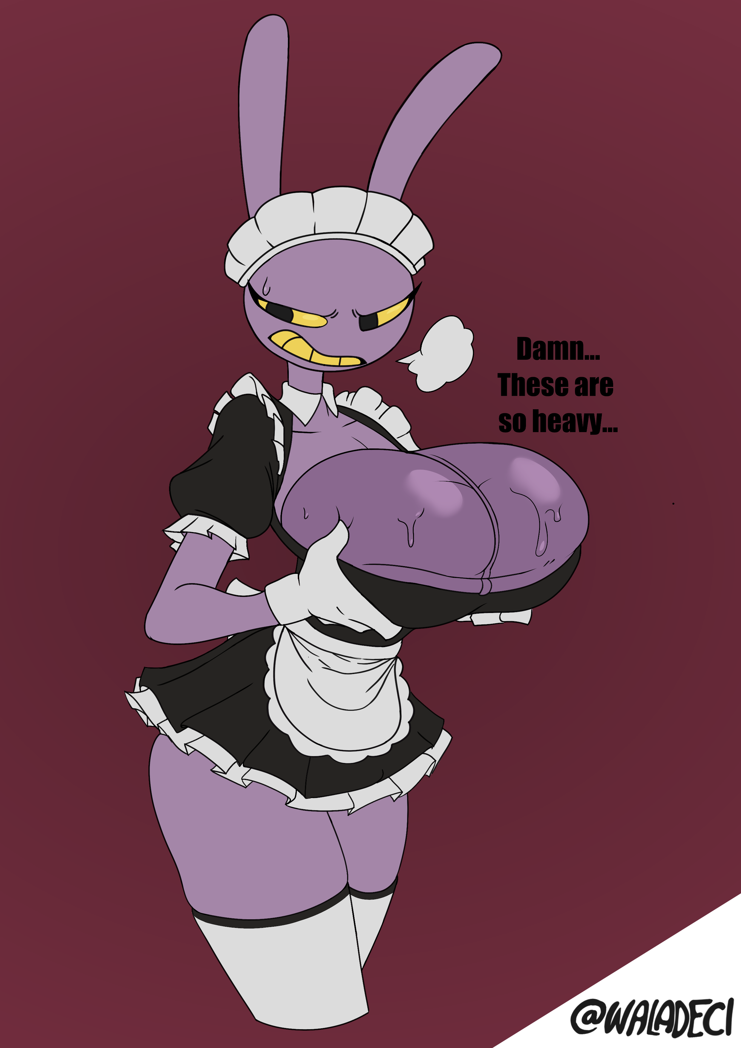 1girl, absurd res, balls, bodily fluids, breasts, clothing, dialogue, digital drawing (artwork), digital media (artwork), glitch productions, hi res, holding breast, jax (tadc), jax (the amazing digital circus), lagomorph, leporid, maid headdress, maid jax (the amazing digital circus), maid uniform, mammal, purple body, rabbit, sigh, solo, sweat, the amazing digital circus, uniform, waladeci