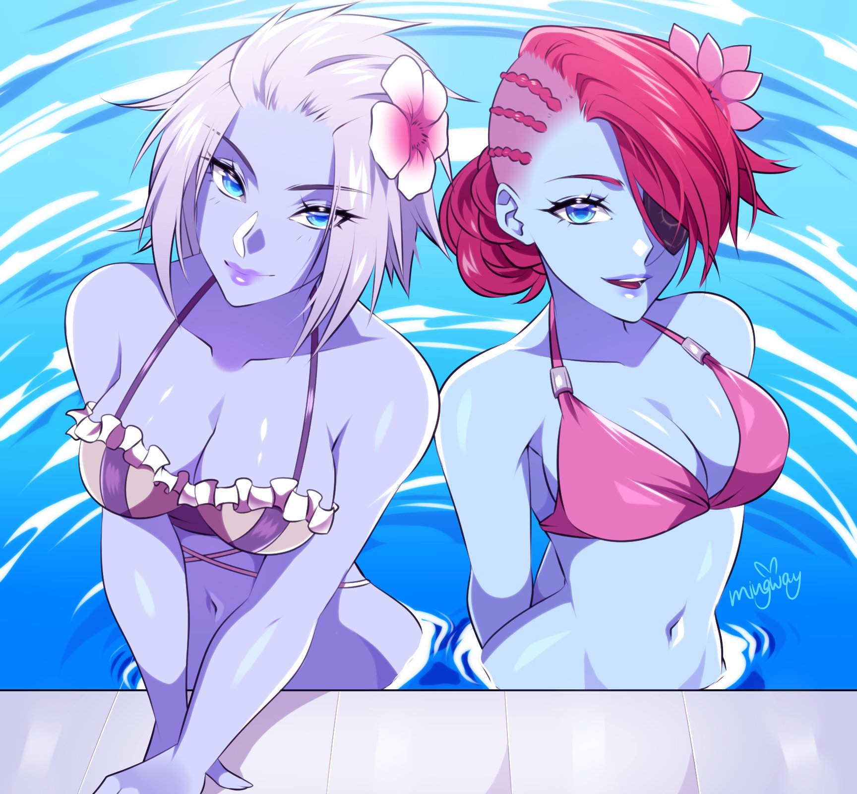 1girls, 2girls, awoken, big breasts, bikini, bikini bottom, bikini top, blue eyes, blush, breasts, bungie, clothed, clothing, color, destiny (game), destiny 2, female, female focus, female only, hi res, large breasts, light skin, light-skinned female, mara sov, mingway, petra venj, short hair, solo female, tagme, thick thighs, water, white hair