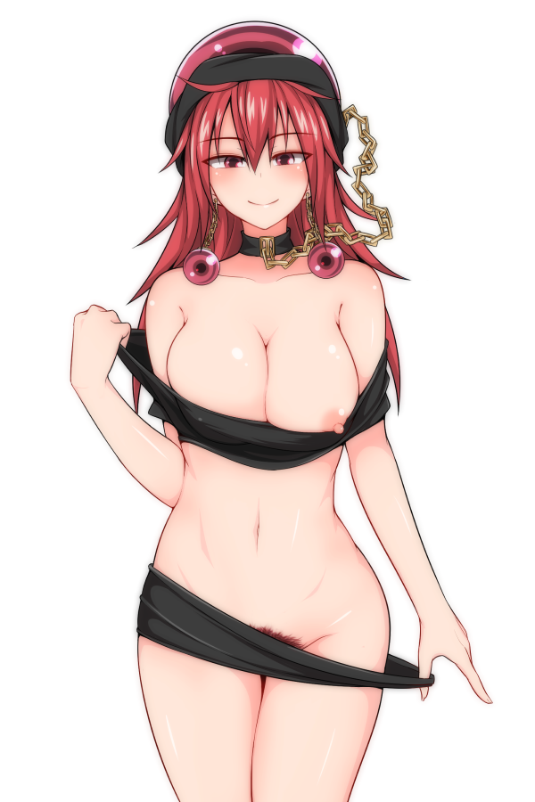 black_shirt blush breasts chains collar colored_pubic_hair eyebrows_visible_through_hair female female female_only hecatia_lapislazuli kuroba_rapid large_breasts looking_at_viewer navel neck_ruff nipple_slip nipples no_bra nopan polos_crown pubic_hair pubic_hair_peek red_eyes red_hair seductive_smile shirt shirt_pull simple_background skirt skirt_pull smile solo t-shirt touhou undressing white_background