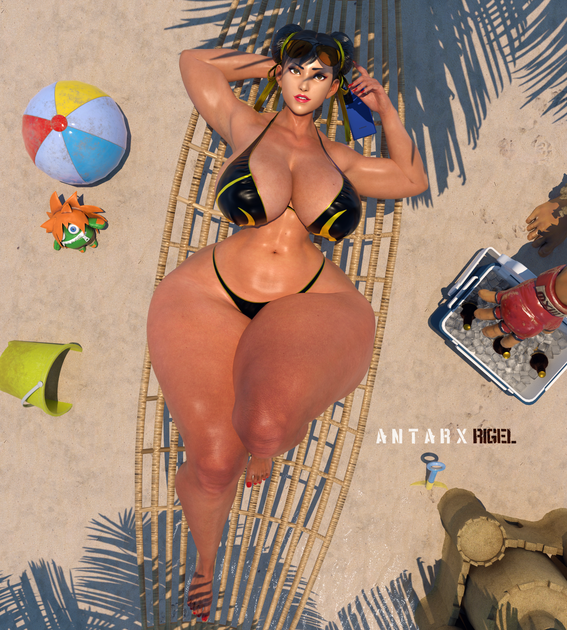 1girls, 3d, abs, antarxrigel, artist signature, asian, asian female, beach, beach ball, big breasts, bikini, black hair, breasts, brown eyes, capcom, chun-li, cleavage, curvaceous, curvy female, eyes, female, female only, glasses on head, hands behind head, hourglass figure, large breasts, laying on back, light skin, light-skinned female, street fighter, street fighter v, sunglasses on head, thick, thick thighs, venus body, voluptuous, voluptuous female, wide hips