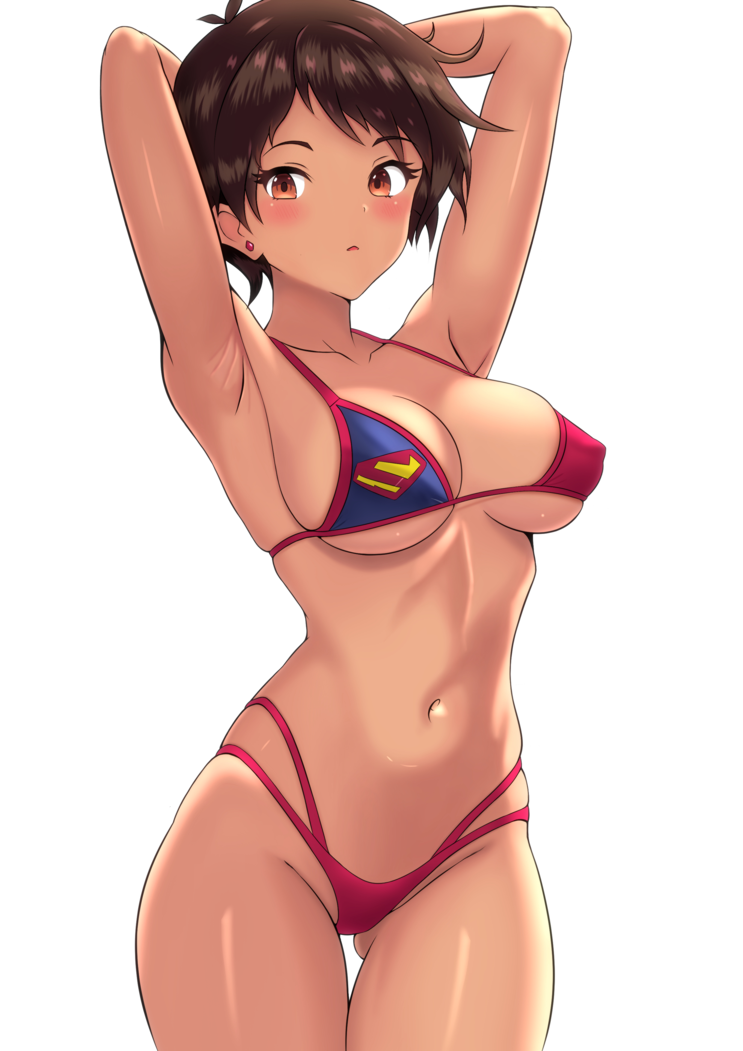 1girls, 2023, arms behind head, bikini, blush, brown hair, dc, dc comics, erozu, female, female only, lois lane, lois lane (my adventures with superman), looking at viewer, my adventures with superman, orange eyes, solo, superman (series), superman logo, thick thighs, thigh gap, tomboy, very high resolution, white background
