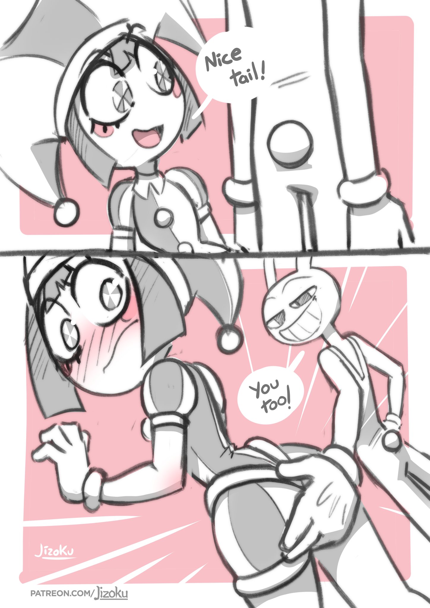 1boy, 1girls, ass, blush, breasts, english text, female, glitch productions, hi res, jax (the amazing digital circus), jester, jester hat, jizoku, light skin, light-skinned female, male, male/female, pomni (the amazing digital circus), slapping butt, tagme, text, the amazing digital circus