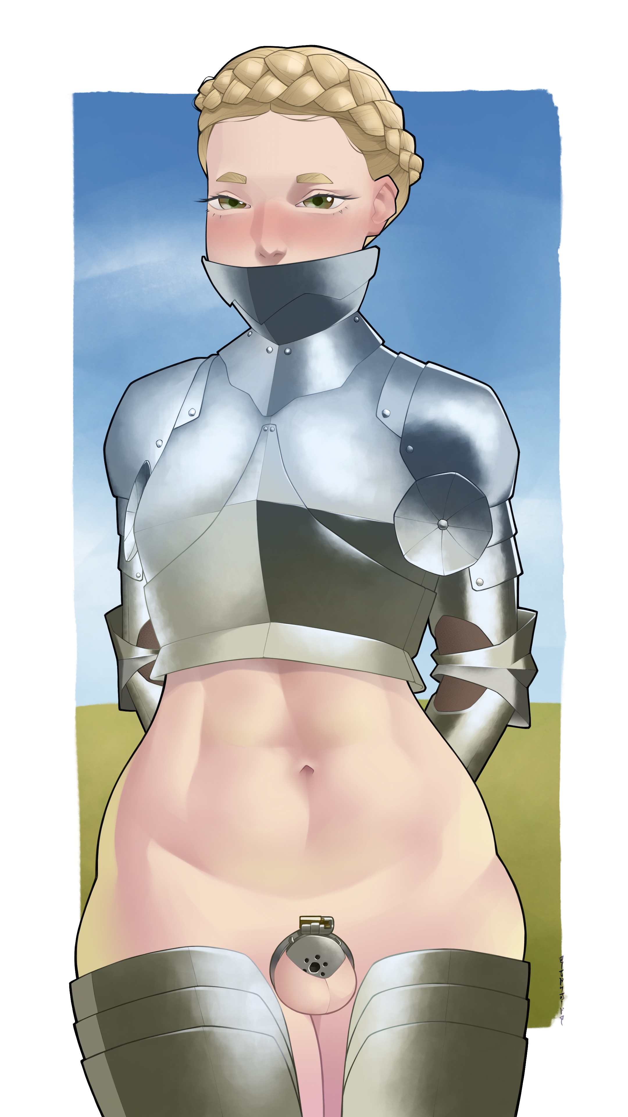 abs, alternate version at source, ambiguous gender, armor, armored, belly, belly button, blonde hair, bottomless, cage, caged, caged cock, chastity, chastity cage, chastity device, cock cage, flat chastity cage, green eyes, knight, knight armor, no sex, orgasm denial, penis, penis cage, plate armor, plate armour, sangy, solo, solo focus, standing, tagme, trans woman, transfem