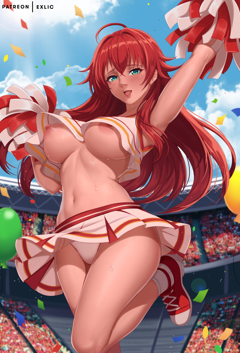 :d, ahoge, alternate costume, arm up, big breasts, blue eyes, blue sky, breasts, cheering, cheerleader, confetti, crop top, crossed bangs, crowd, day, exlic, female, female only, hair between eyes, high school dxd, highres, holding, holding pom poms, large breasts, light blush, lips, long hair, miniskirt, navel, nipple slip, nipples, no bra, open mouth, outdoors, panties, pantyshot, pleated skirt, pom pom (cheerleading), red hair, red shoes, red trim, rias gremory, shoes, skirt, sky, smile, sneakers, socks, solo focus, stadium, standing