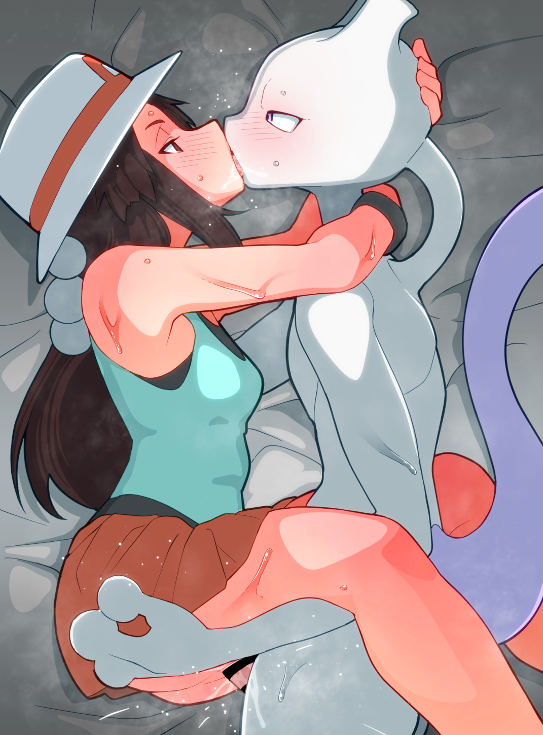1boy, 1girls, 1pokemon, 2 horns, 2025, 3 fingers, anthro, anthro penetrating, anthro penetrating human, arm around neck, arms around neck, arms around partner, ass, bed, biped, bird's-eye view, black clothing, black shirt, black tank top, black topwear, blue clothing, blue shirt, blue tank top, blue topwear, blush, blush lines, bodily fluids, bottomwear, bracelet, breasts, breath, brown eyebrows, brown eyes, brown hair, carrying, carrying partner, censor bar, censored, censored genitalia, censored penis, clothed, clothed female, clothed human, clothed sex, clothed/nude, clothing, digital media (artwork), duo, eyebrows, eyelashes, female, female human, female penetrated, fingers, french kissing, from front position, furniture, generation 1 pokemon, genital fluids, genitals, grey body, grey bracelet, grey horn, hair, half-closed eyes, hand on back, hand on butt, hat, headgear, headwear, hi res, high-angle view, horn, human, human on anthro, human penetrated, interspecies, jewelry, kissing, leaf (pokemon), legendary pokemon, long hair, lying, male, male anthro, male penetrating, male penetrating female, male pokemon/female human, male/female, mammal, medium breasts, mewtwo, multicolored body, multicolored clothing, multicolored shirt, multicolored tank top, multicolored topwear, narrowed eyes, nintendo, nude, nude anthro, nude male, on bed, on side, penetration, penile, penile penetration, penis, penis in vagina, pink penis, pink tongue, pokemon, pokemon (species), pokemon frlg, pokephilia, pupils, purple body, purple eyes, purple tail, pussy, red bottomwear, red clothing, red hat, red headwear, red skirt, saliva on face, sex, shirt, skirt, snout, spork position, sweat, sweaty arms, sweaty face, sweaty legs, tail, tank top, tongue, tongue out, topwear, two-tone body, two-tone clothing, two-tone hat, two-tone shirt, two-tone tank top, two-tone topwear, vaginal fluids, vaginal fluids on leg, vaginal fluids on penis, vaginal penetration, white clothing, white hat, white headwear, yuuri splatoon