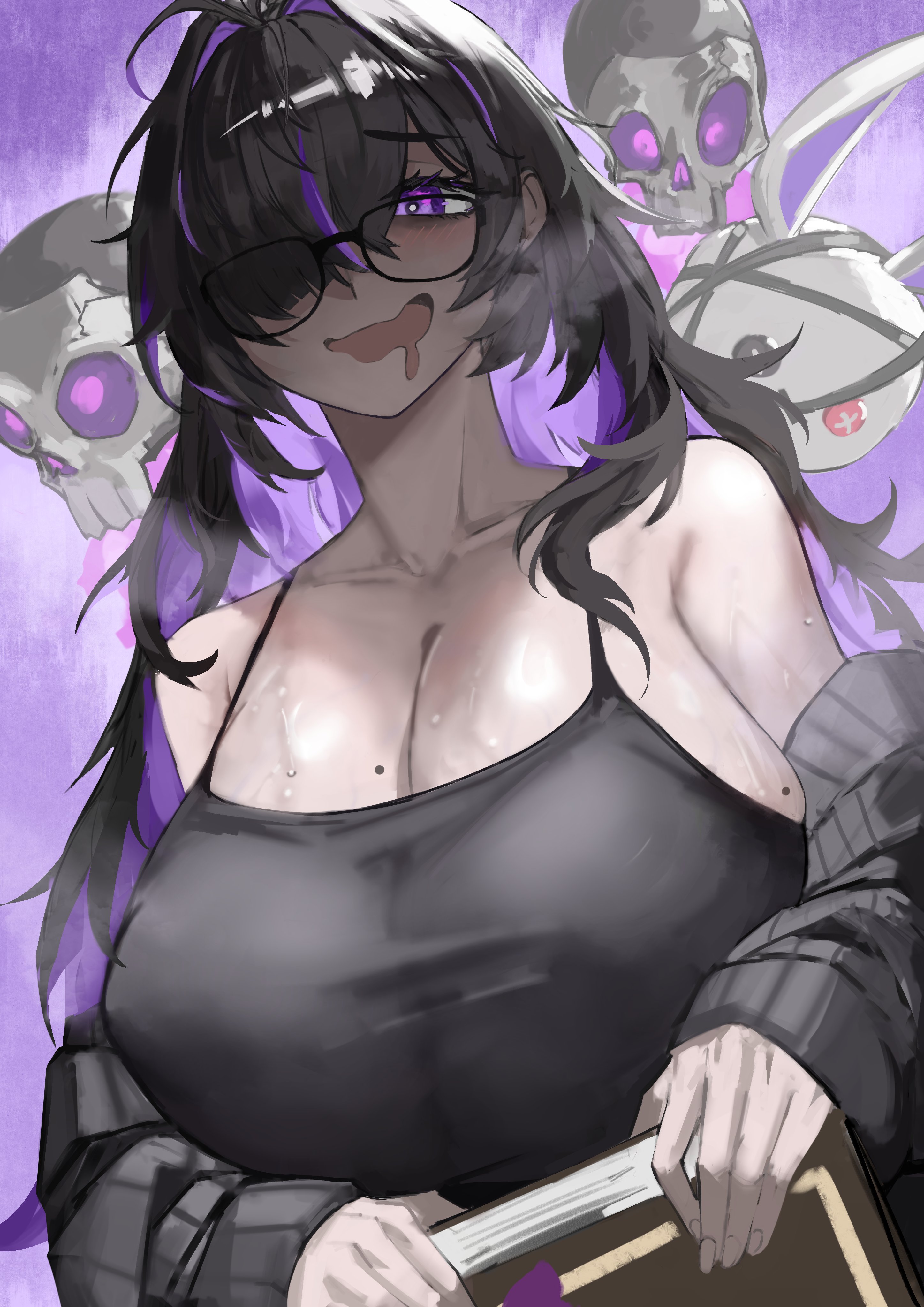 absurdres, bare shoulders, black dress, black hair, black-framed eyewear, blush, book, breasts, cleavage, colored inner hair, commentary, dress, drooling, female, floating skull, glasses, goddess of victory: nikke, hair intakes, hair over one eye, highres, holding, holding book, huge breasts, kkaijju, label (nikke), long hair, looking at viewer, mole, mole on breast, mouth drool, multicolored hair, multiple moles, one eye covered, open mouth, purple eyes, purple hair, skull, sleeveless, sleeveless dress, smile, solo, sweat, two-tone hair, upper body