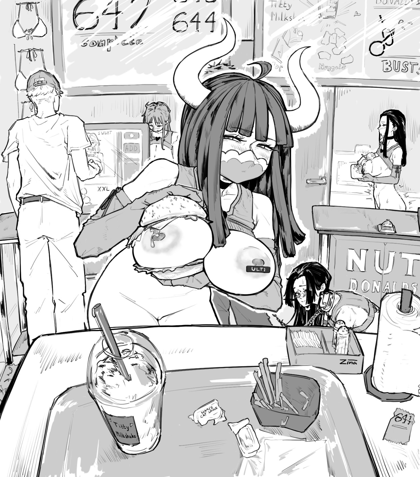 4girls, bare breasts, bare legs, bare shoulders, bare thighs, big breasts, blush, boa hancock, breasts, female, female focus, hamburger, hamburger bun, hi res, horns, large breasts, light skin, light-skinned female, long hair, looking at viewer, male, mask, nami (one piece), nico robin, nipples, one piece, shounen jump, tagme, thick thighs, ulti (one piece), zinansfw