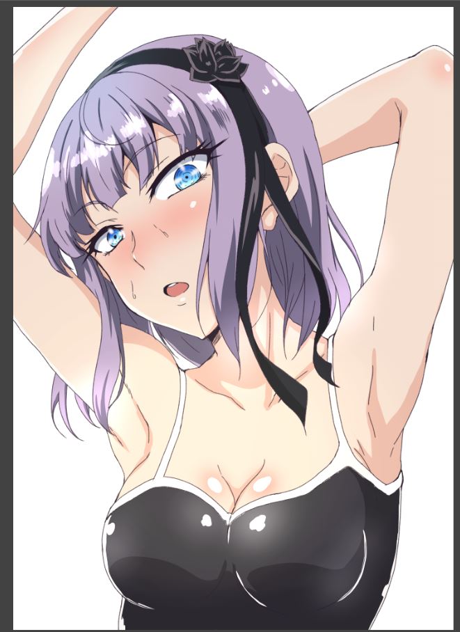 1girls, blue eyes, blush, dagashi kashi, female, female only, looking at viewer, open mouth, ribbon, shidare hotaru, solo, swimsuit