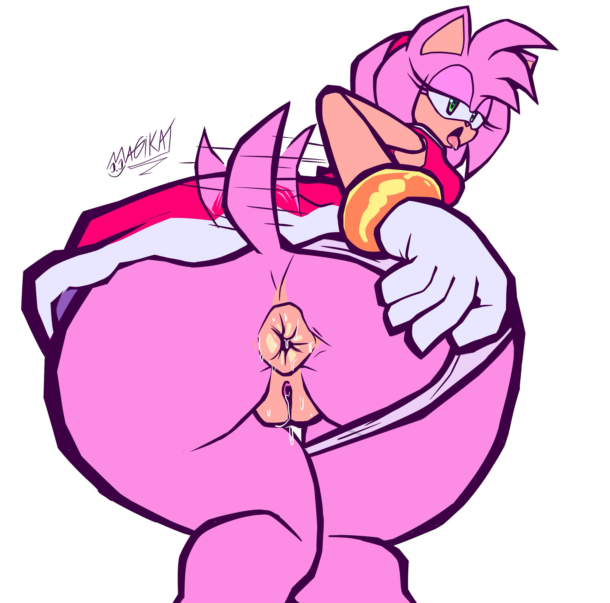 1girls, amy rose, anthro, anus, artist name, ass, ass focus, big ass, bracelet, clothing, fat ass, female, female only, furry, furry female, furry only, grabbing ass, hedgehog, horny female, looking at viewer, looking back, looking back at viewer, magikat, mammal, open mouth, panties, pink body, pink fur, pussy, pussy juice, red dress, sega, sonic (series), sonic the hedgehog (series), tail, tailwag, tongue, tongue out, wet pussy, white gloves