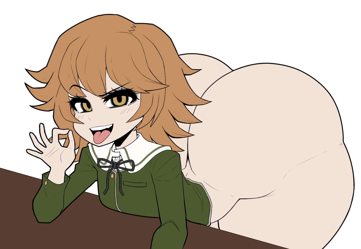 1boy, ass, ass body, blowjob gesture, blush, bottom heavy, bottomless, brown hair, danganronpa, danganronpa (series), danganronpa 1, duke wintermaul, dumptruck ass, femboy, flat colors, fujisaki chihiro, grin, huge ass, male, thick thighs, young savage