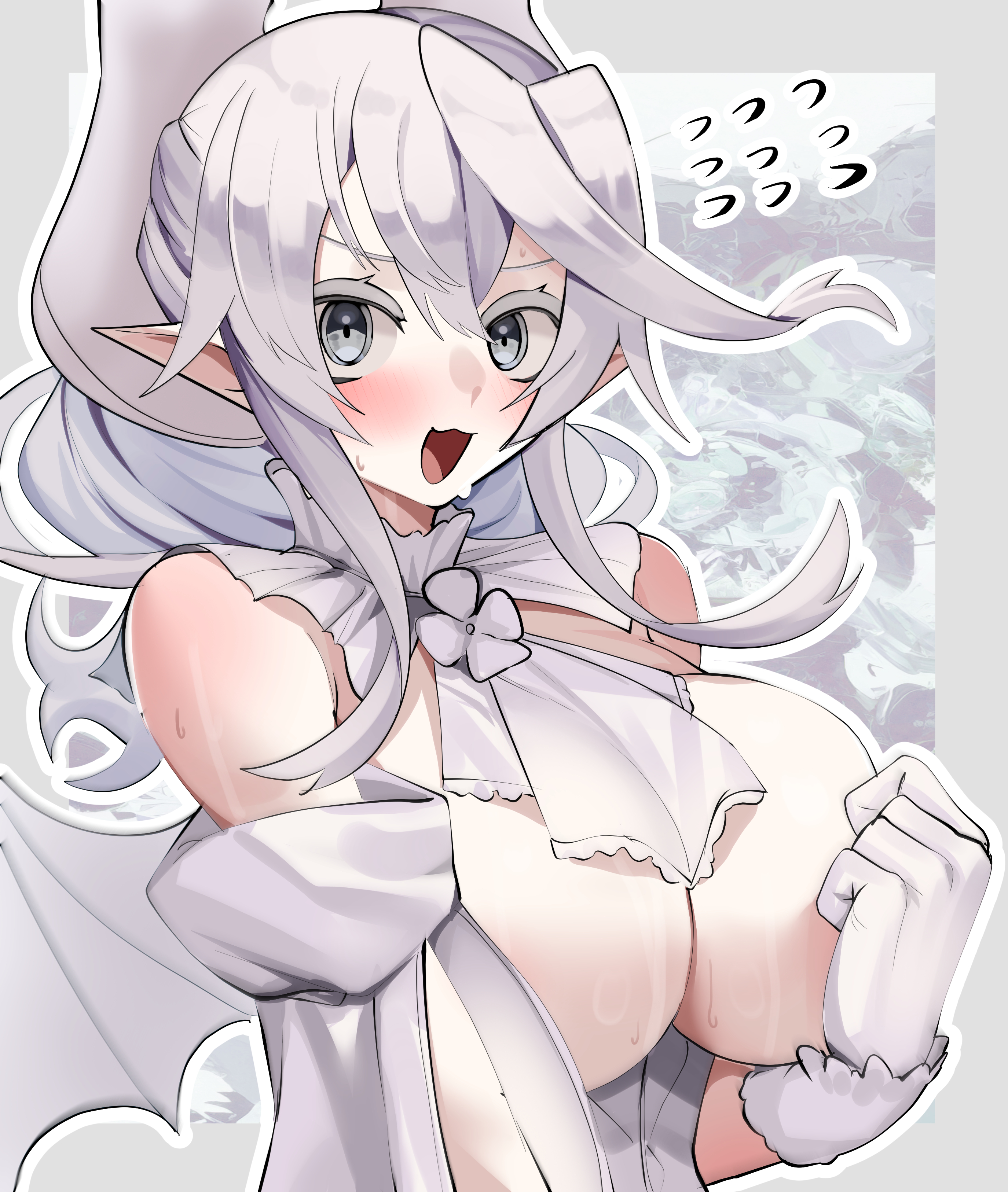 :3, 1girls, actancyaga, blush, breasts, cotan (actancyaga), covered nipples, demon, demon girl, duel monster, female, female only, gloves, labrynth of the silver castle, looking at viewer, lovely labrynth of the silver castle, necktie, nervous, no bra, open mouth, side view, silver eyes, silver hair, smile, sweat, sweatdrop, twintails, wings, yu-gi-oh!