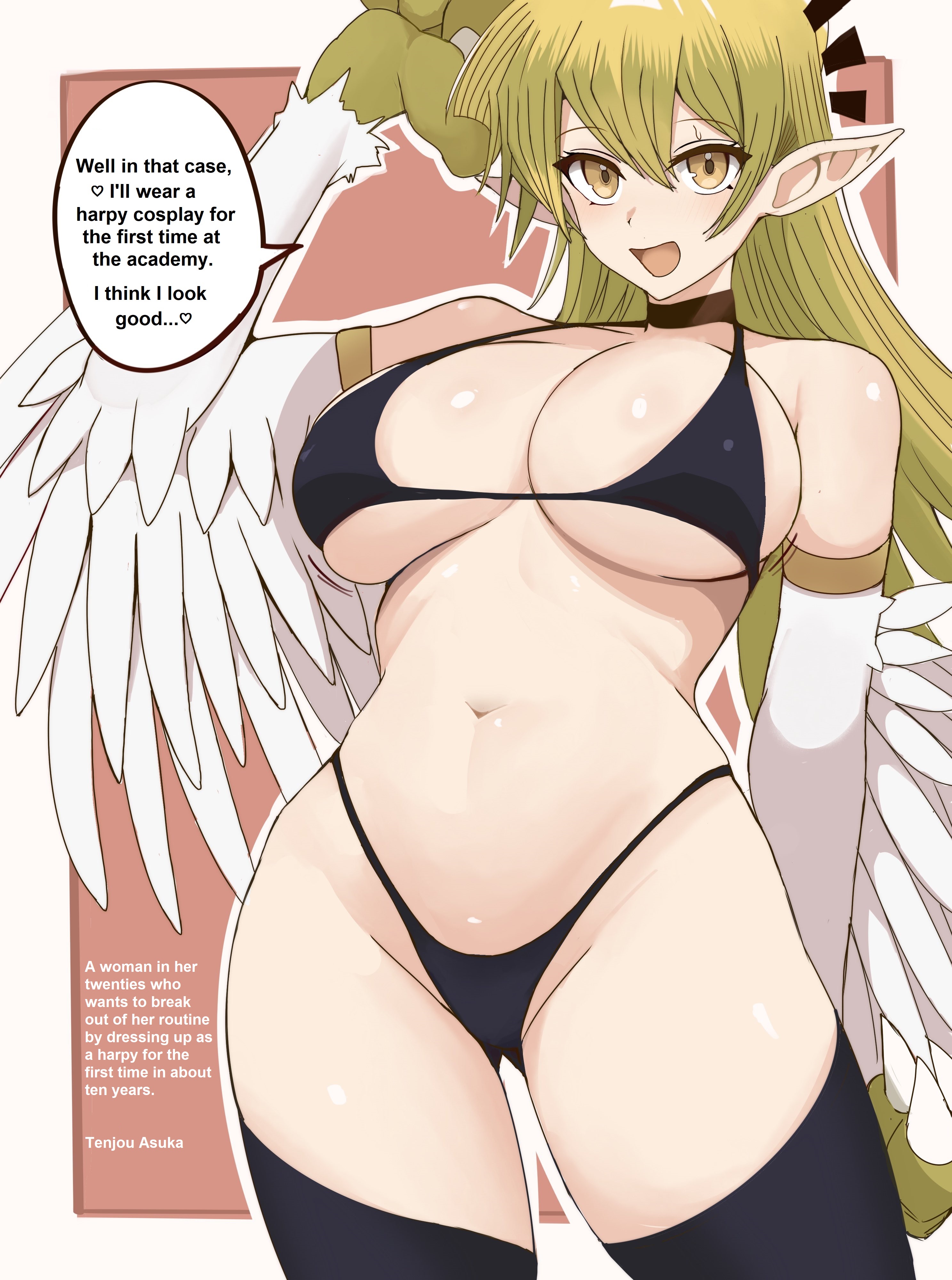 1girls, absurd res, accessory, alexis rhodes, alternate version available, armpits, arms behind back, arms up, bikini, bird girl, blonde hair, breasts, brown eyes, claws, cosplay, english text, espkiriyama, female, female only, fringe, gloves, harpie lady, harpie lady (cosplay), huge breasts, japanese text, legwear, light skin, looking at viewer, one arm up, open mouth, panties, pointy ears, smile, solo, standing, sweatdrop, teenager, tenjouin asuka, text, thighs, translated, underwear, white background, wings, yu-gi-oh!, yu-gi-oh! gx