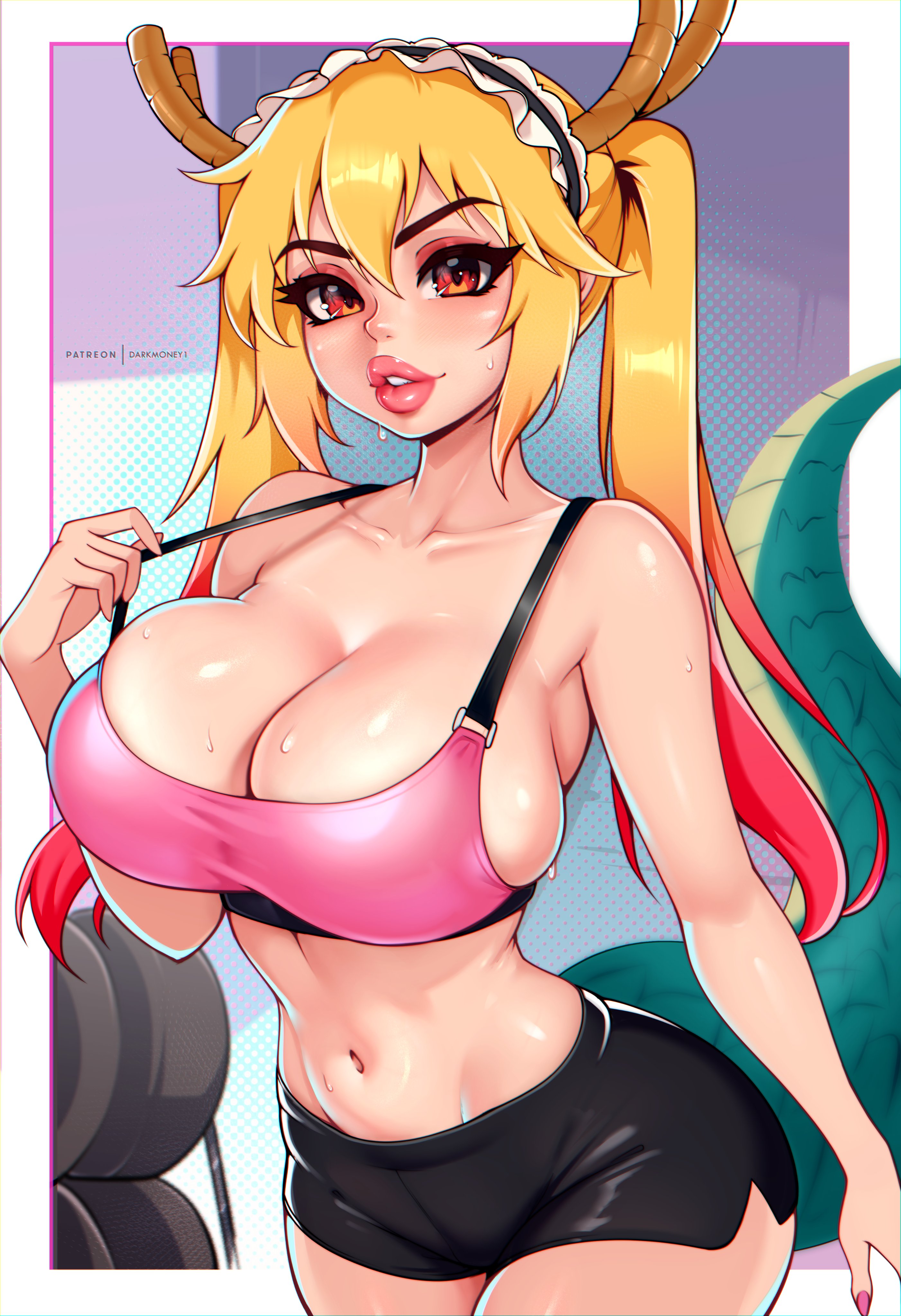1girls, absurd res, big breasts, bimbo, blonde hair, booty shorts, breasts, cleavage, darkmoney1, dragon girl, dragon horns, dragon tail, eyelashes, eyeshadow, female, female only, fully clothed, horns, lipstick, long hair, looking at viewer, maid headdress, makeup, miss kobayashi's dragon maid, nail polish, orange eyes, pink eyeshadow, pink lips, pink lipstick, pink makeup, pink nail polish, red highlights, revealing clothes, shiny skin, sideboob, solo, sportswear, sweat, sweaty skin, tail, tank top, tohru (dragon maid), twintails