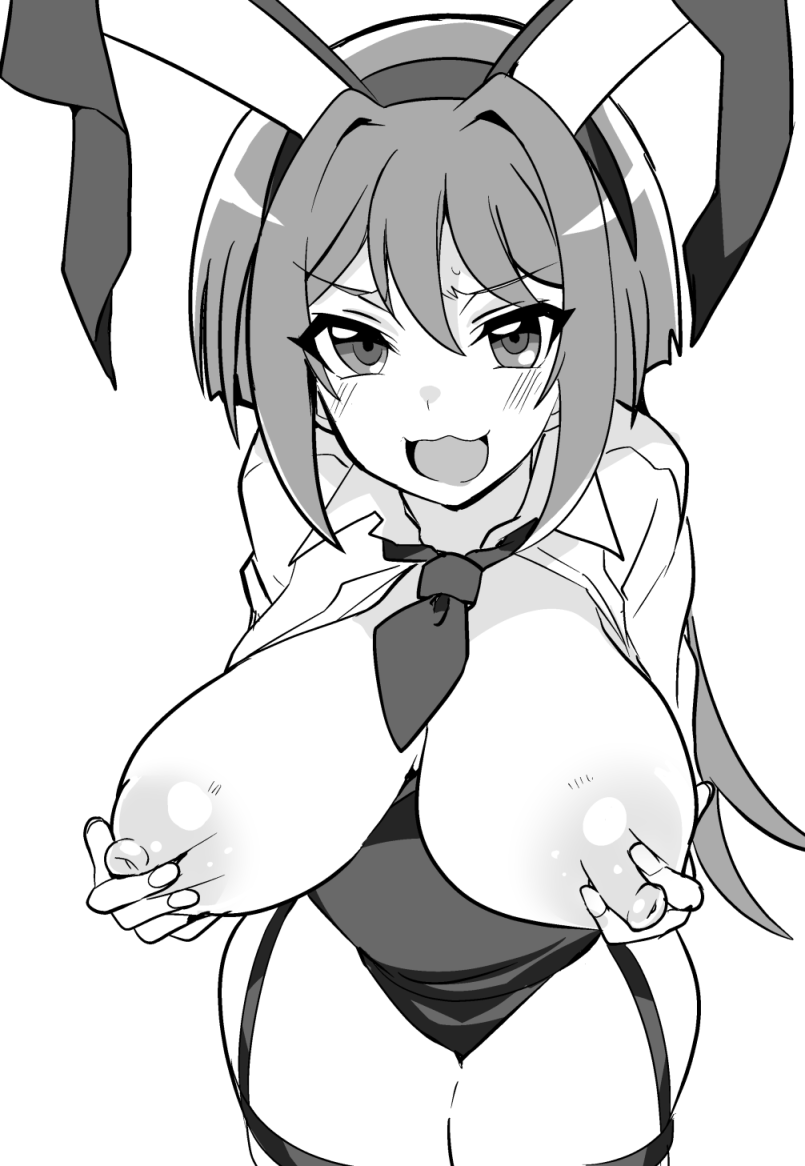 anjou_tokoha black_and_white breasts breasts_out bunny_girl_outfit cardfight!!_vanguard cardfight!!_vanguard_g colorless groping_own_breasts groping_self large_breasts oda_koziki pointy_chin self_fondle