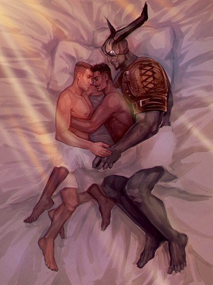 3boys anthro asleep bald bara beard biceps black_hair blanket brown_hair canon_couple couple cuddling dark-skinned_male dark_hair dark_skin dorian_pavus dragon_age dragon_age_inquisition eyepatch eyewear facial_hair feet gay gay_male grey_body grey_skin holding_partner horn horns human inquisitor_(dragon_age) iron_bull light-skinned_male light_skin lying lying_down mage male male/male male_only maxkennedy moustache moustache muscles muscular muscular_male nipples pansexual_male pecs pointy_ears qunari shirtless shirtless_male size_difference sleep sleeping sleeping_together trio video_games warrior yaoi