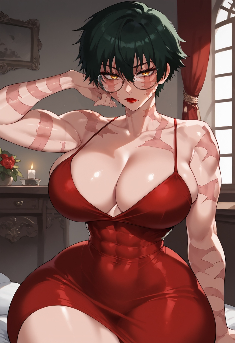 1girls abs ai_generated big_breasts blush clothed clothing color dress female female_focus female_only fit_female floppydisc glasses green_hair hi_res jujutsu_kaisen large_breasts light-skinned_female light_skin lipstick looking_at_viewer mommy muscles muscular muscular_arms muscular_female muscular_legs muscular_thighs short_hair solo solo_female tagme thiccwithaq_(ai_style) thick_thighs yellow_eyes zenin_maki