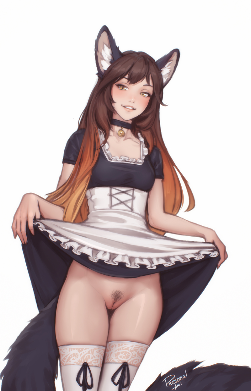 1girls animal_ear_fluff animal_ears bell black_choker blush brown_eyes brown_hair choker cleft_of_venus clothes_lift dress dress_lift female female_pubic_hair highres lifting_own_clothes long_hair looking_at_viewer maid maid_outfit maid_uniform neck_bell no_panties original personalami pubic_hair pussy signature smile solo tail thigh_gap thighhighs uncensored white_thighhighs