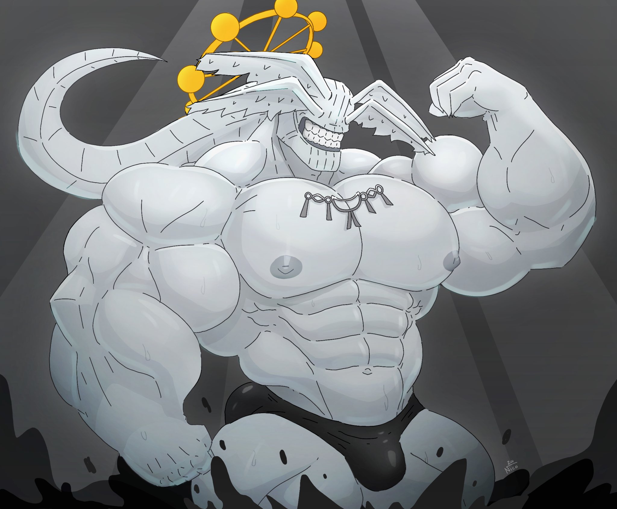 1boy, 2d nic0, ass, bara, big ass, big butt, big penis, bulge, hi res, jujutsu kaisen, mahoraga (jujutsu kaisen), male, male only, muscular, penis, yaoi