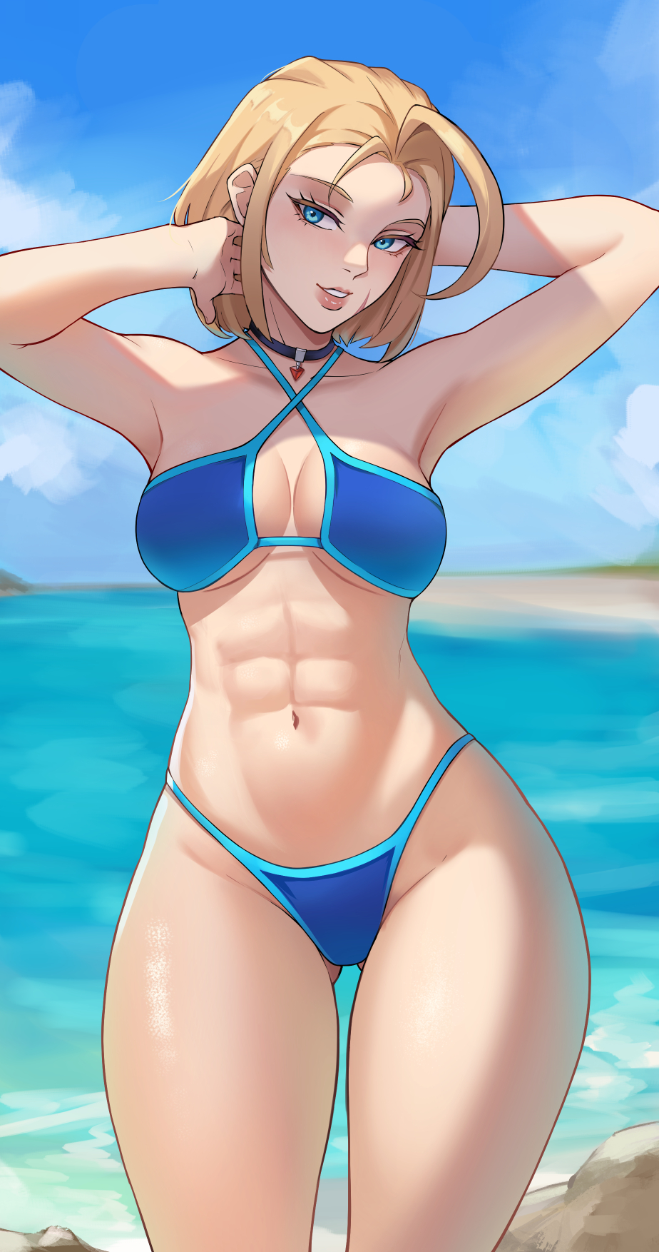 ass, beach, bikini, blonde hair, blue eyes, bubble ass, bubble butt, cammy white, cammy white (street fighter 6), capcom, female, sea, street fighter, water
