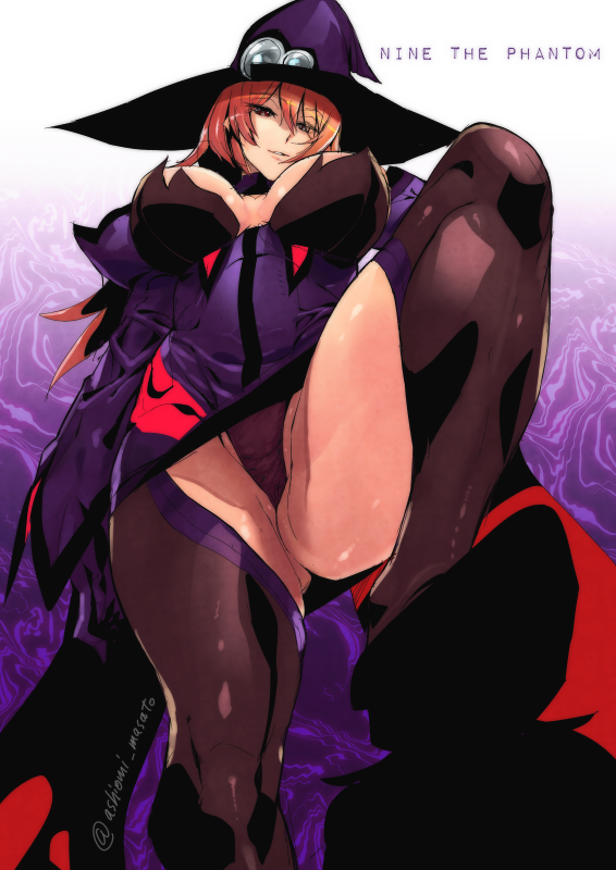 ashiomi_masato blazblue blazblue:_central_fiction breasts femdom from_below huge_breasts konoe_a_mercury looking_down nine_the_phantom panties pantyshot pink_hair solo thighhighs thighs underwear witch_hat