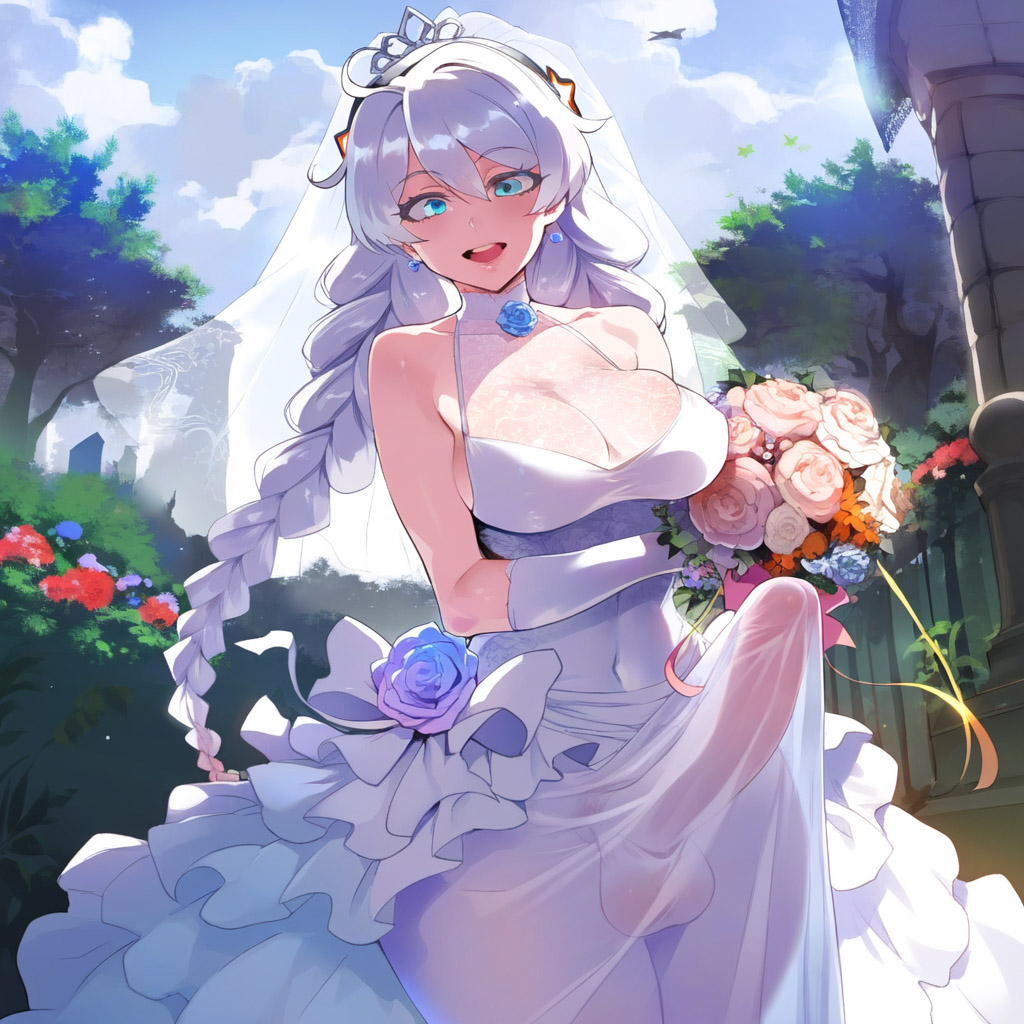 1girls ai_generated bride erect_penis erection_under_clothes female futanari honkai_(series) honkai_impact_3rd kiana_kaslana kiana_kaslana_(herrscher_of_finality) wedding_dress