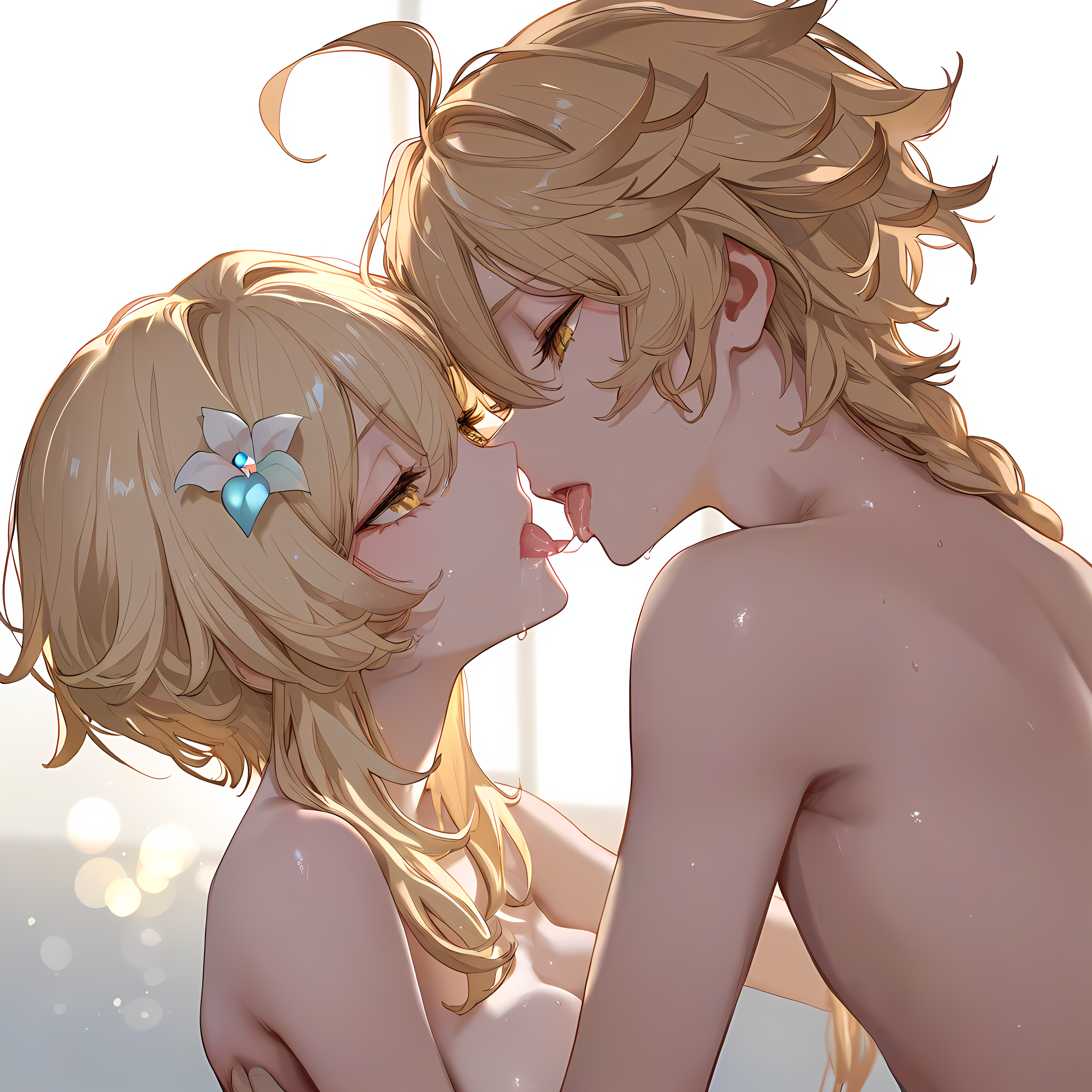 1boy, 1girls, aether (genshin impact), ai generated, blonde hair, brother and sister, female, genshin impact, horny female, incest, jjll/ai, kissing, lumine (genshin impact), male, mihoyo, pleasure face, sex, straight, unknown artist
