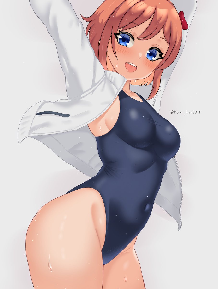 blue_eyes bow coral_pink_hair doki_doki_literature_club hair_ornament just_sayori kun_kaiss one-piece_swimsuit open_mouth sayori_(doki_doki_literature_club) short_hair smile sweat swimsuit thighs