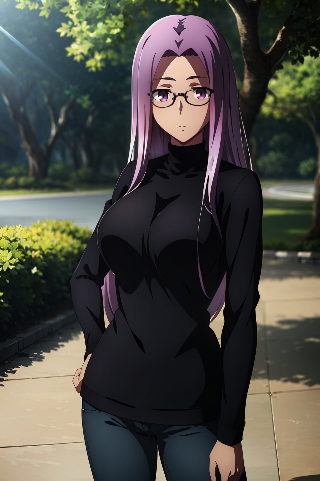 ai_generated aizend_ai casual_clothes fate/stay_night fate_(series) glasses hand_on_hip jeans medusa_(fate) nai_diffusion stable_diffusion turtleneck