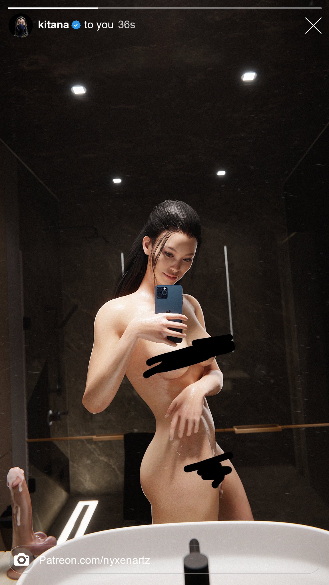 bathroom big_ass big_butt censored censored_breasts censored_nipples censored_pussy desperate dildo female kitana kitana_(new_era) mortal_kombat mortal_kombat_1_(2023) nude nude_female nyxenartz selfie thighs useless_censoring