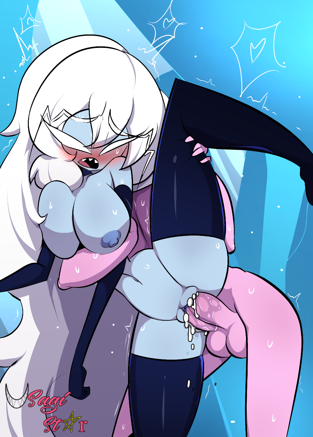 1boy 1girls adventure_time big_breasts blue_skin blush cartoon_network cum_in_pussy elbow_gloves ice_queen_(adventure_time) legs legs_up penetration prince_gumball sex stockings thighhighs unseen_male_face usagi_star white_hair