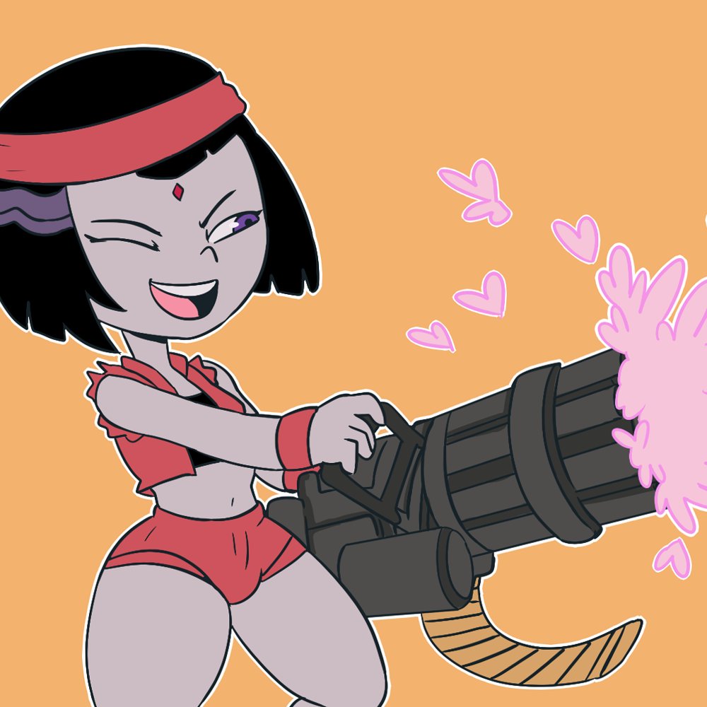 1girls black_hair bob_cut female female_only fully_clothed grey_skin headband jinasault minigun raven_(dc) safe short_hair shorts smiling solo teen_titans_go teenager