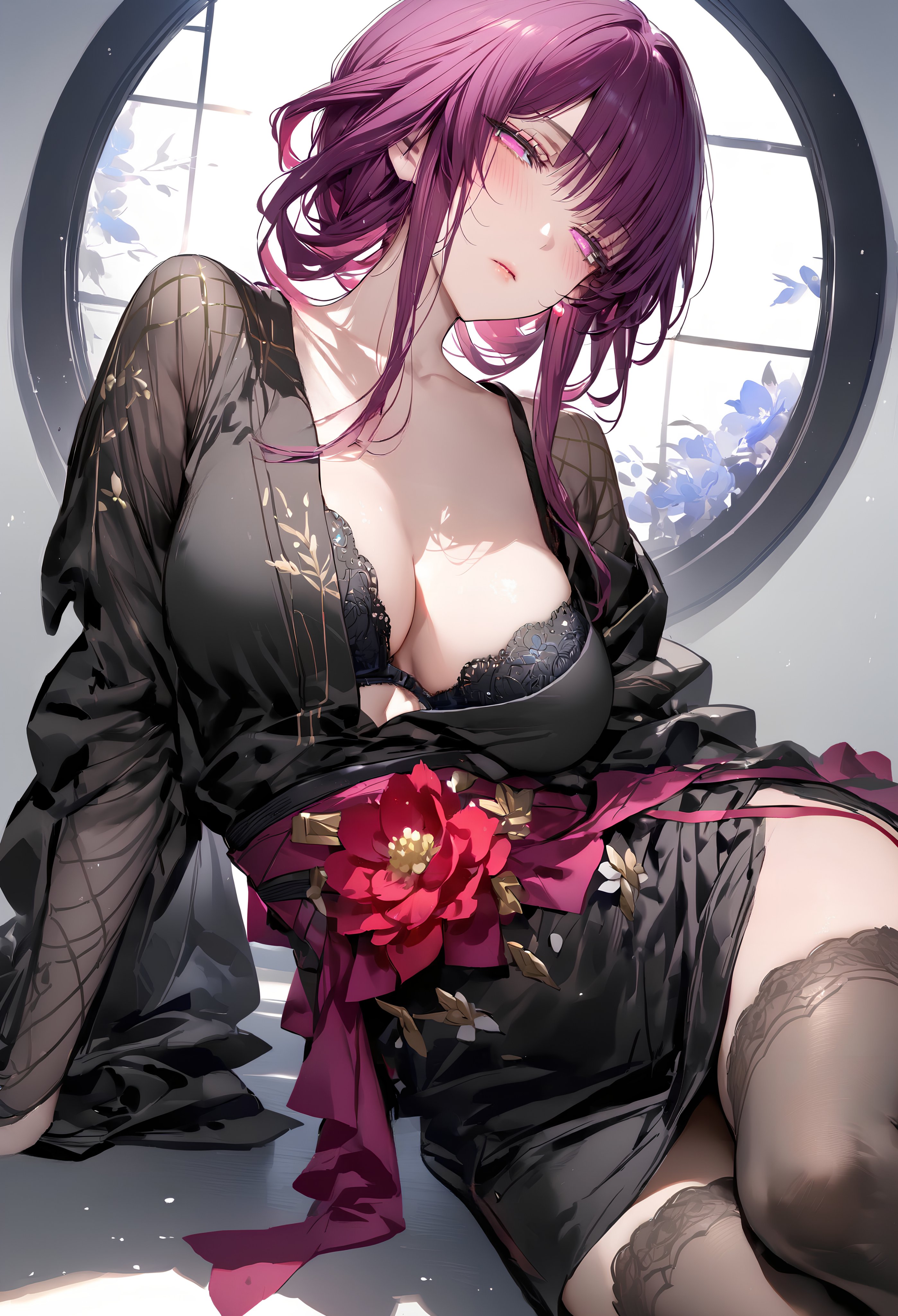 1girls, ai generated, bored, dress, female, honkai: star rail, kafka (honkai: star rail), kimono, lingerie, rose, see-through, stockings, thighhighs