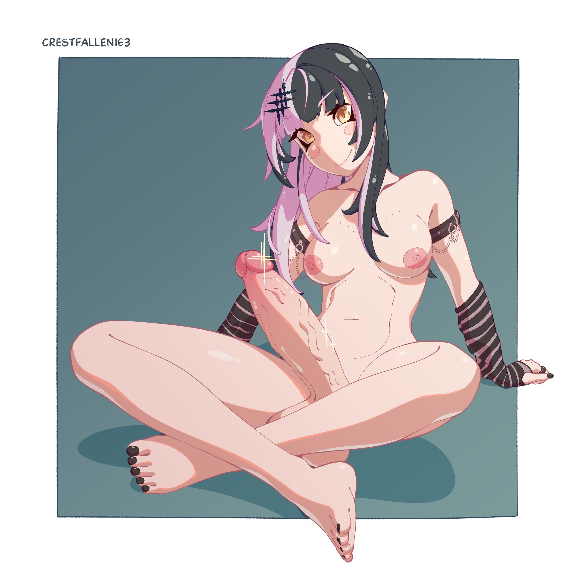 1futa, arm warmers, armband, barefoot, big penis, black hair, black nails, blush, bottomless, breasts, closed mouth, cock, crestfallen163, dick, erection, fat cock, futa, futa cock, futa only, futanari, gigantic penis, hair ornament, hololive, hololive english, hololive english -advent-, huge cock, hung, large penis, light skin, light-skinned futa, long hair, long penis, medium breasts, multicolored hair, naked, navel, nipples, nude, painted nails, penis, shiori novella, sitting, smile, solo, solo futa, topless, uncensored, veins, veiny, veiny penis, virtual youtuber, white hair, yellow eyes