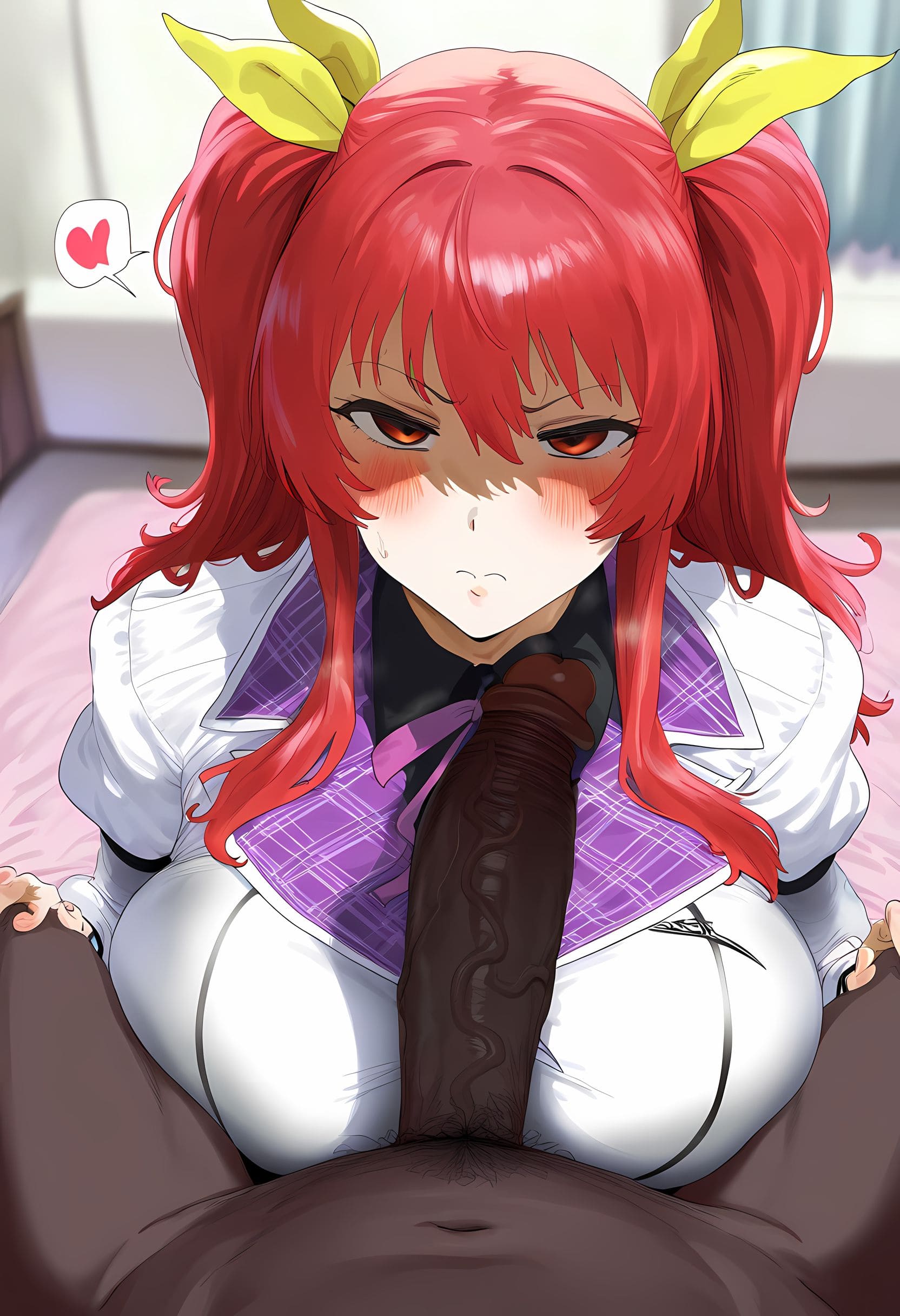 1boy, 1girls, ai generated, angry, angry face, annoyed, annoyed expression, big breasts, blush, breasts, closed mouth, clothed female nude male, clothing, dark skin, dark-skinned male, female, frown, gintoai, hair between eyes, hair ornament, hair ribbon, half-closed eyes, huge breasts, huge cock, imminent oral, interracial, light skin, light-skinned female, long hair, looking at viewer, male, paid reward available, penis, pov, puffy sleeves, rakudai kishi no cavalry, red hair, ribbon, stella vermillion, straight, sweat, uncensored, veiny penis, white clothing