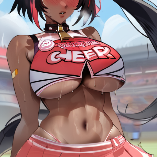 ai_generated bandage bay_(nikke) black_hair blush cheerleader cheerleader_uniform choker crop_top goddess_of_victory:_nikke hollowbeak long_hair red_hair_stripe skirt string_bikini sweat sweatdrop sweating sweaty tanned underboob