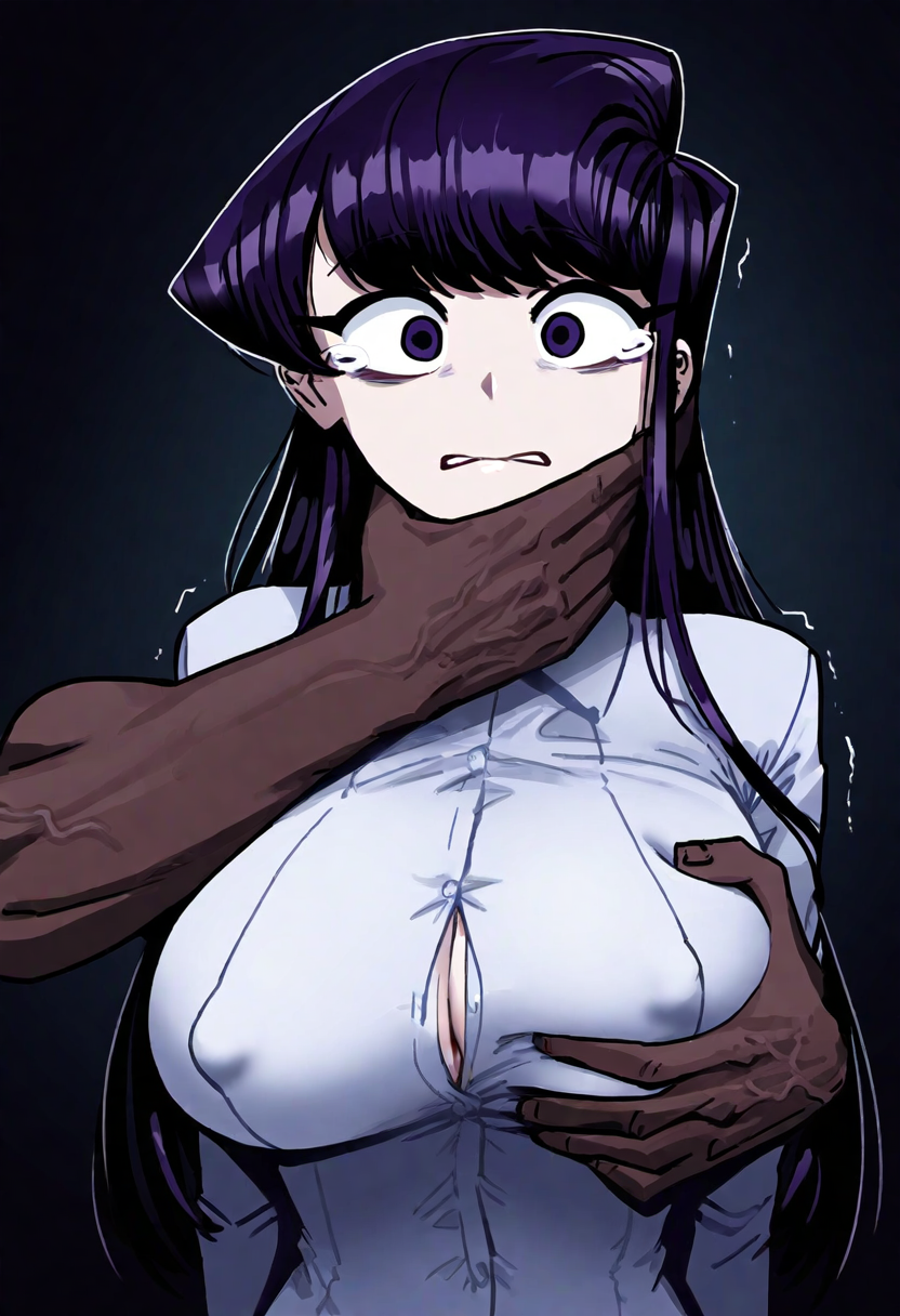 ai_generated breast_grab breast_squeeze breasts constricted_pupils dark-skinned_male gloopai grabbing grabbing_from_behind interracial komi-san_wa_komyushou_desu komi_shouko muscular_male nai_diffusion rape scared scared_expression tear tears trembling veiny_muscles