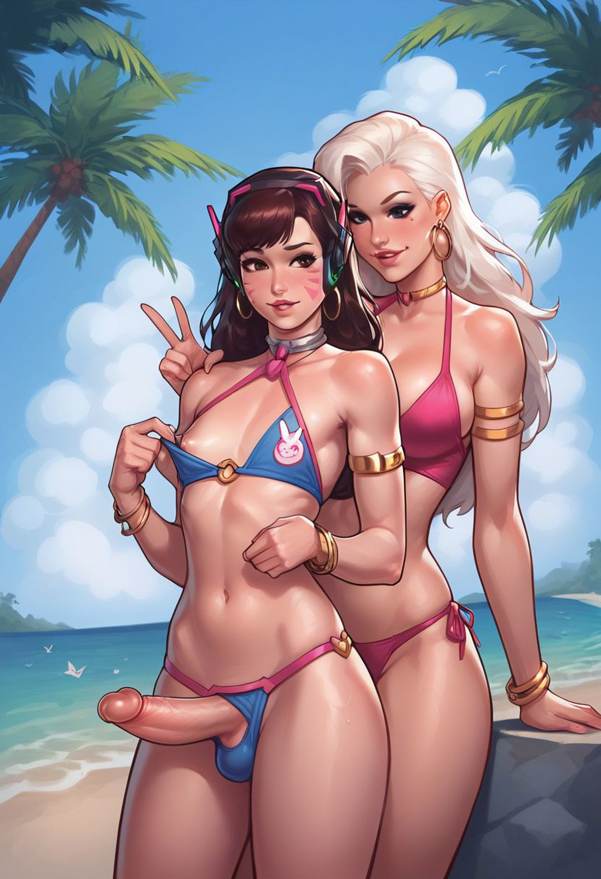 1boy, 1futa, ai generated, anal, artist request, beach, crossdressing, d.va, dollar ai, femboy, futa on male, futanari, genderswap, genderswap (ftm), intersex, male, male d.va, overwatch, overwatch 2, rule 63