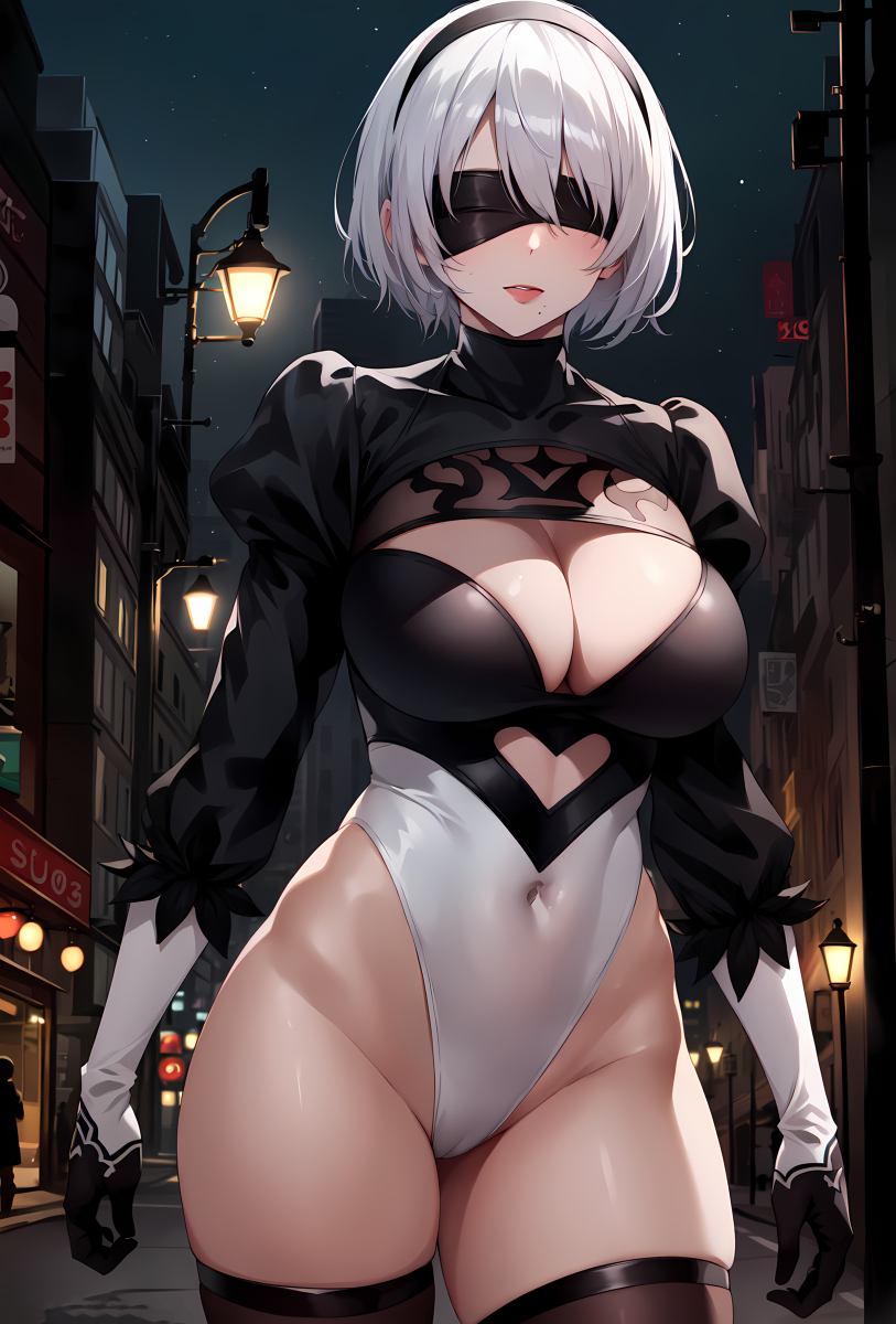 ai_generated black_blindfold breasts cleavage female_only hairband huge_breasts mole navel nier:_automata renajin short_hair silver_hair solo thick_thighs thighs voluptuous voluptuous_female yorha_2b