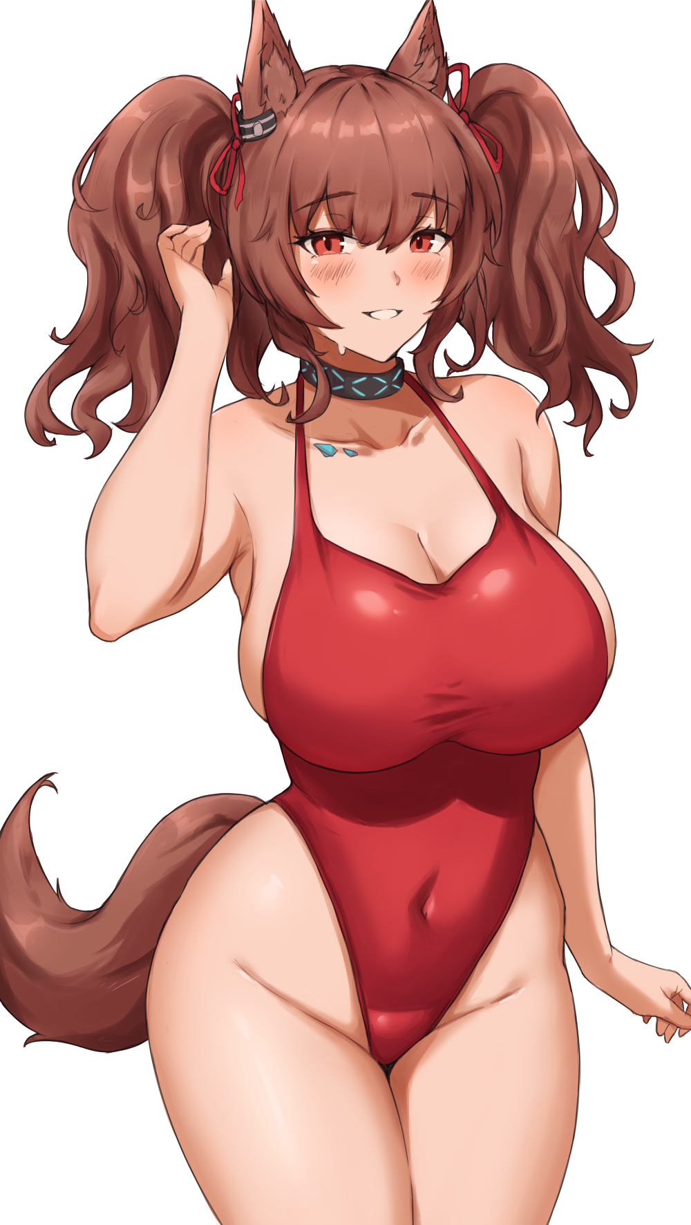 1girls angelina_(arknights) angelina_(summer_flowers)_(arknights) animal_ears arknights brown_hair dog_girl fangsod human human_only light-skinned_woman light_skin one-piece_swimsuit pale_skin red_bikini swimsuit woman