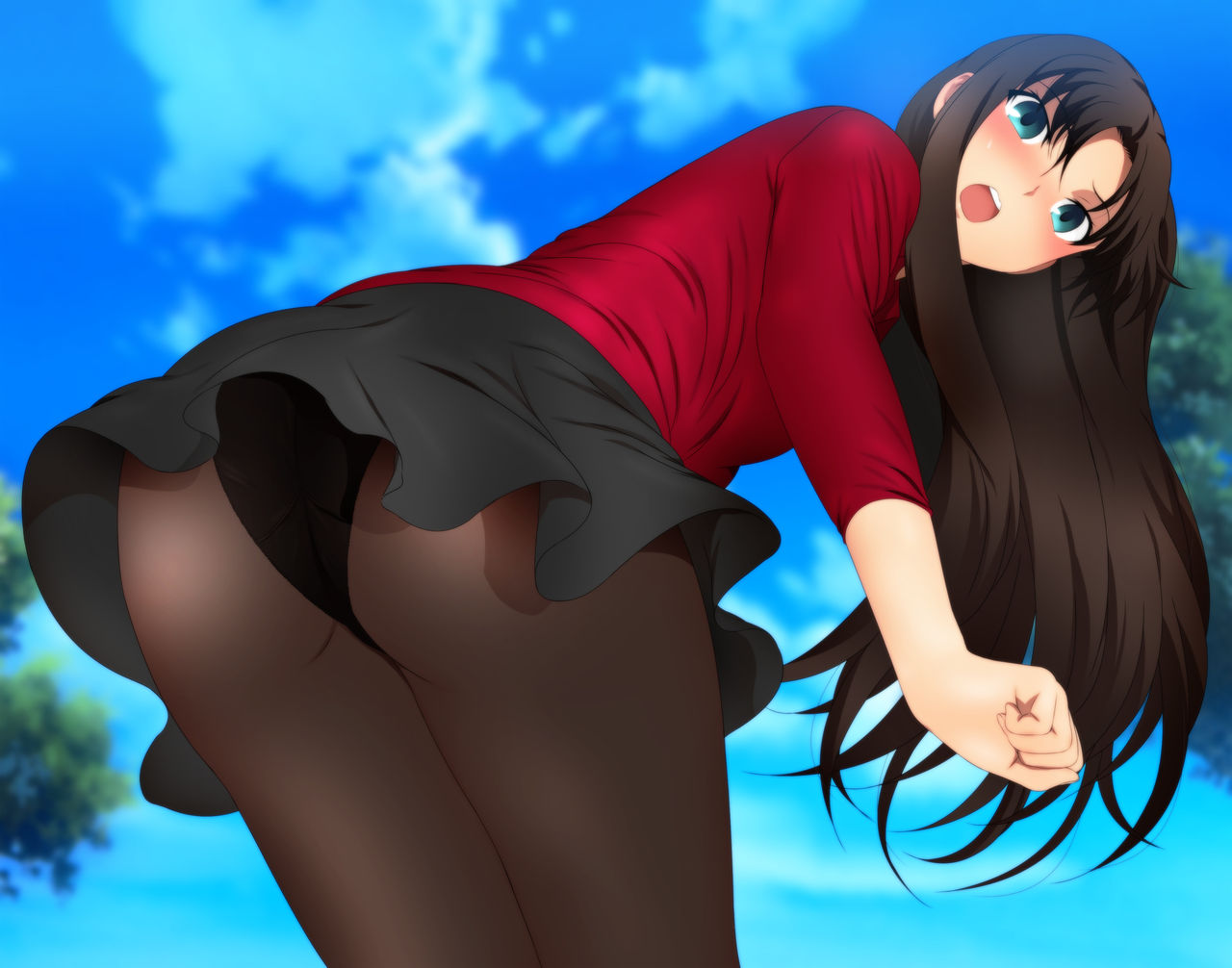 ass black_skirt blush brown_hair fate/stay_night fate_(series) female_only fully_clothed green_eyes long_hair looking_at_viewer panties skirt tohsaka_rin underwear yadokari_genpachirou