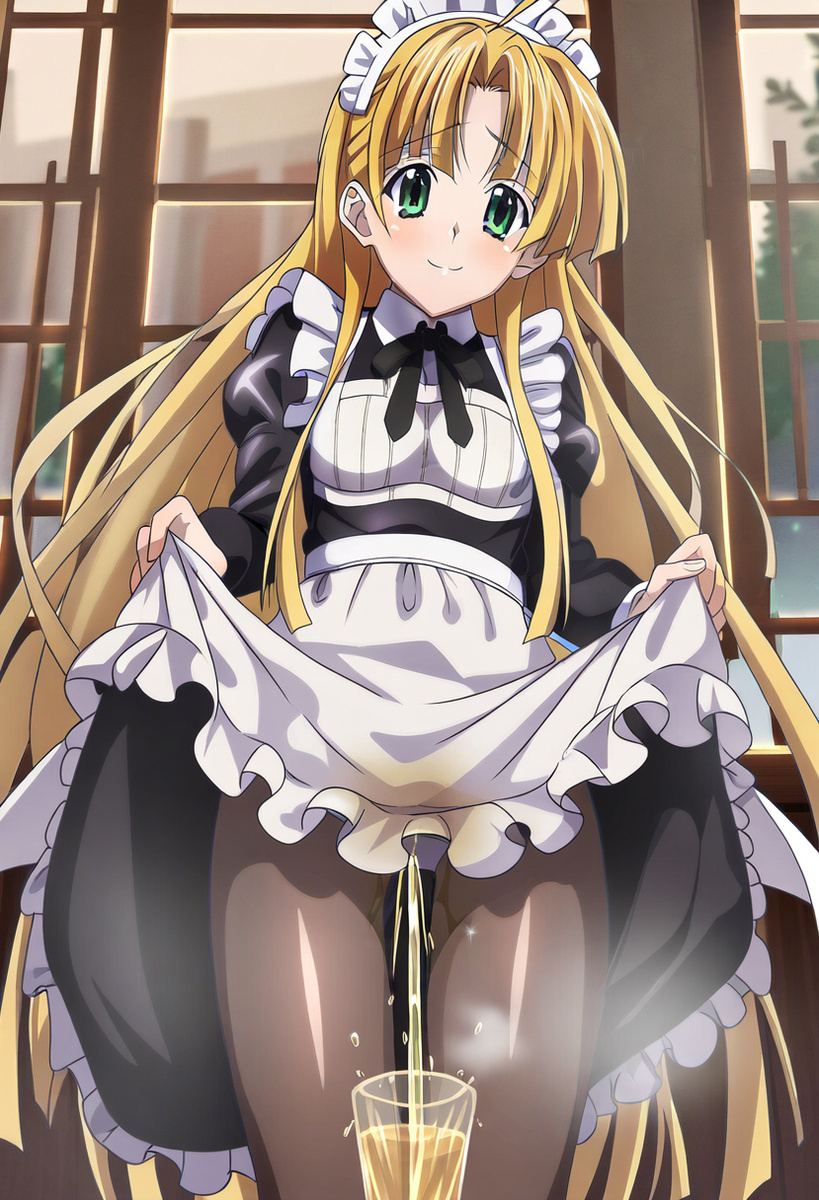 ai_generated asia_argento blonde_hair blush green_eyes high_school_dxd in_search_of_holy_water light-skinned_female light_skin long_hair maid_outfit maid_uniform medium_breasts peeing peeing_in_cup urinating urination urine urine_in_container urine_stream